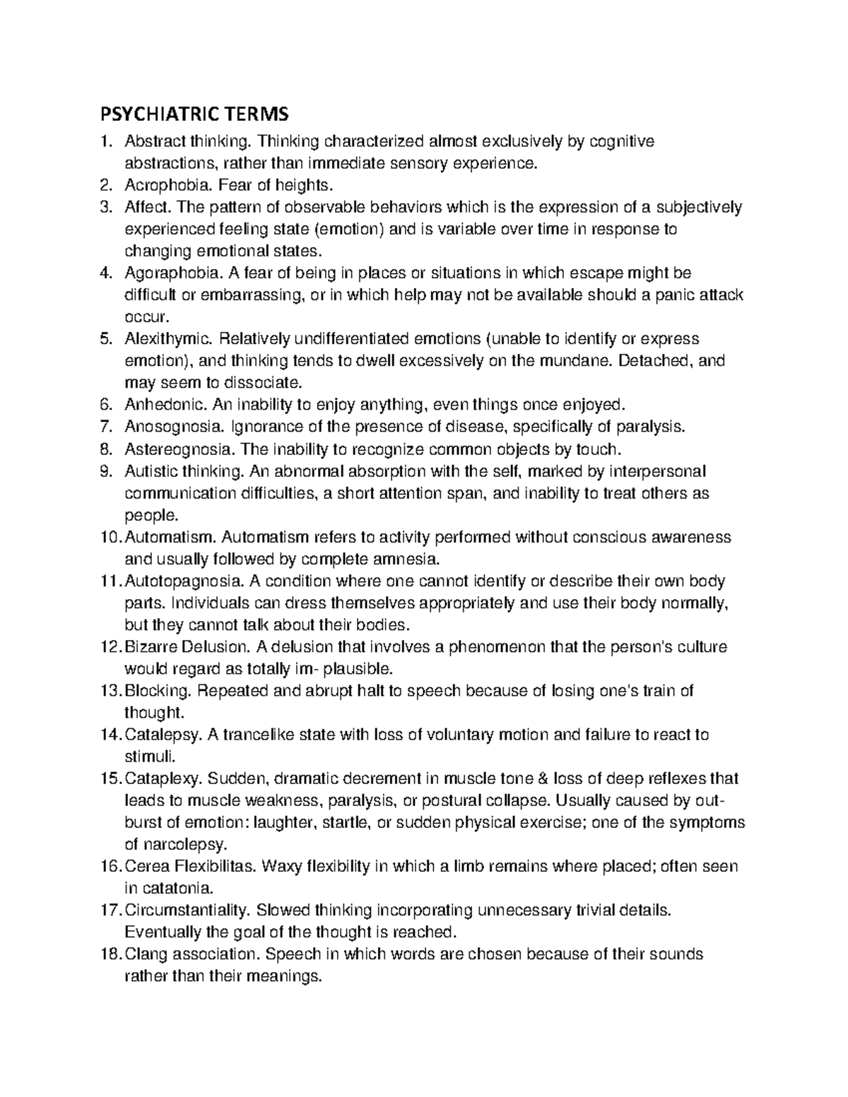 Psychiatric Terms Vocabulary PSYCHIATRIC TERMS Abstract thinking