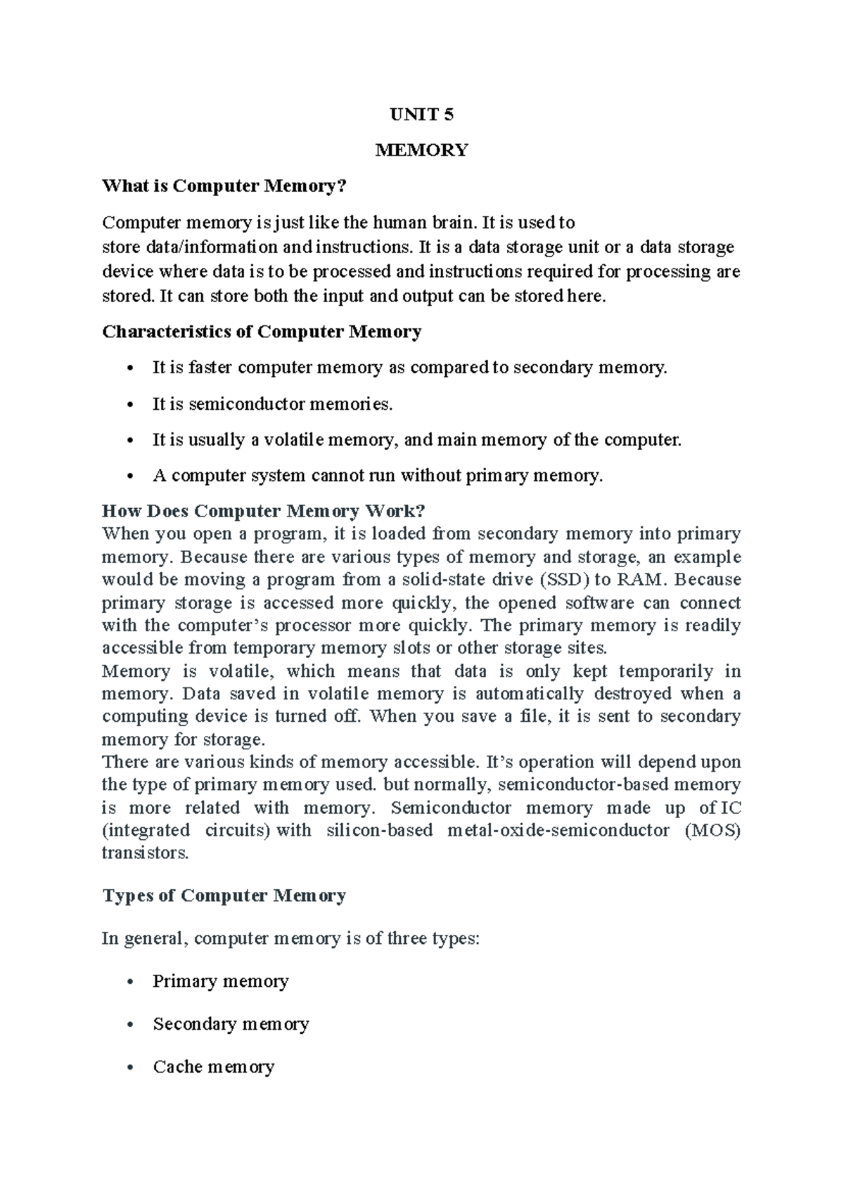 Memory - Half - UNIT 5 MEMORY What is Computer Memory? Computer memory ...