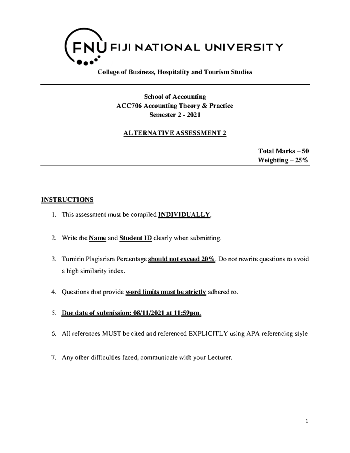 Alternative Assessment 2 for Accounting Theory and Practice - ACC706 ...