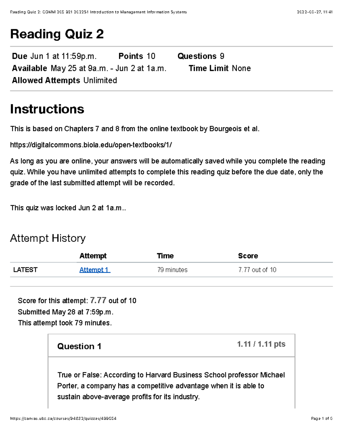 Reading Quiz 2 - Points 10 Questions 9 Available May 25 at 9a. - Jun 2 ...