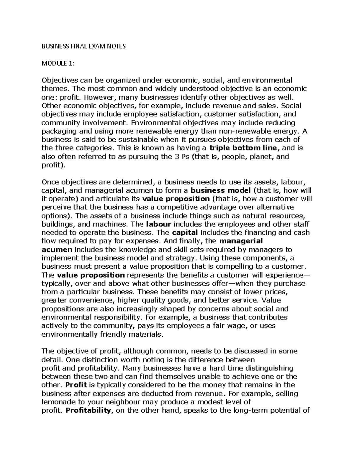 Business Final EXAM Notes - BUSINESS FINAL EXAM NOTES MODULE 1 ...