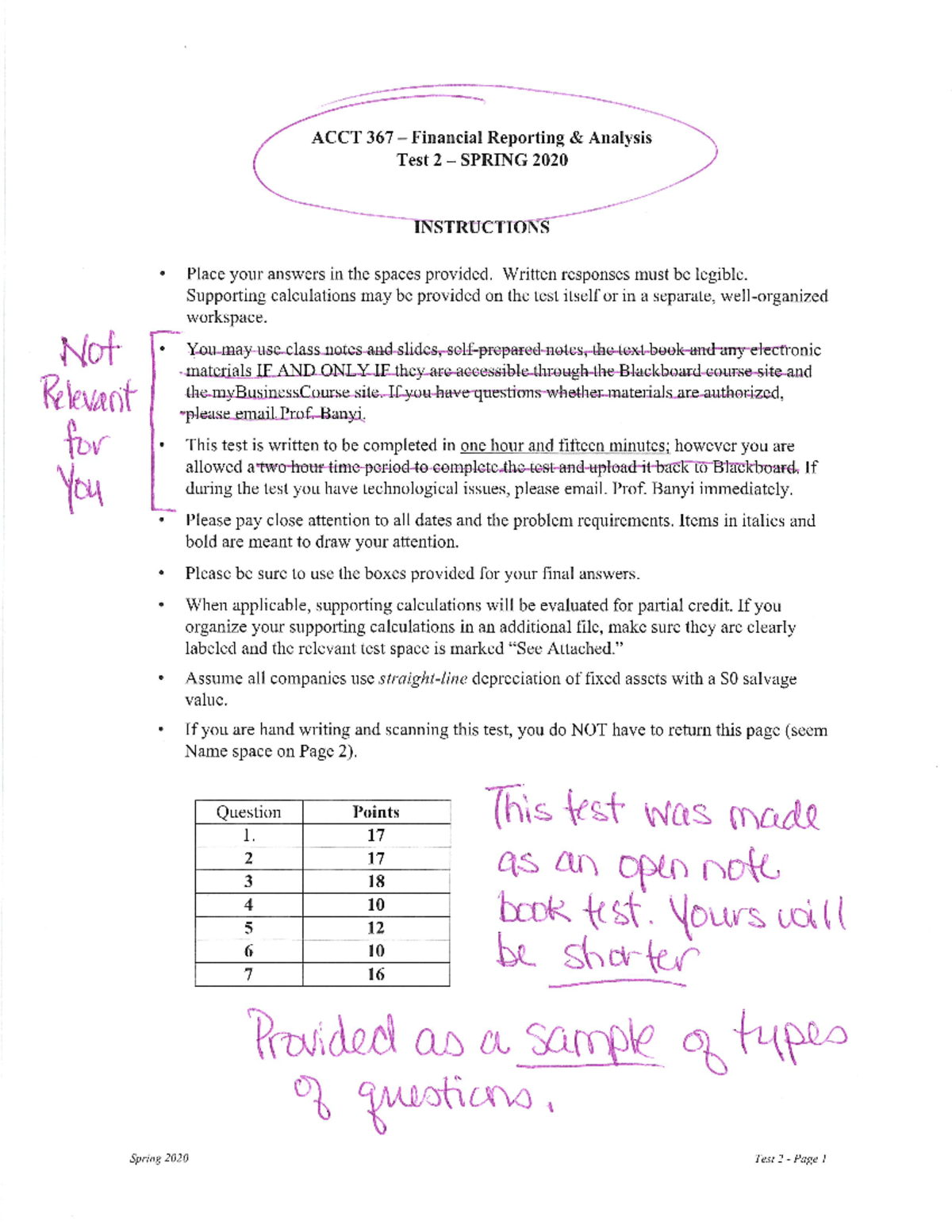 ACCT 367 Test 2 Spring 2020 - ACCT 367 Financial Reporting Analysis ...