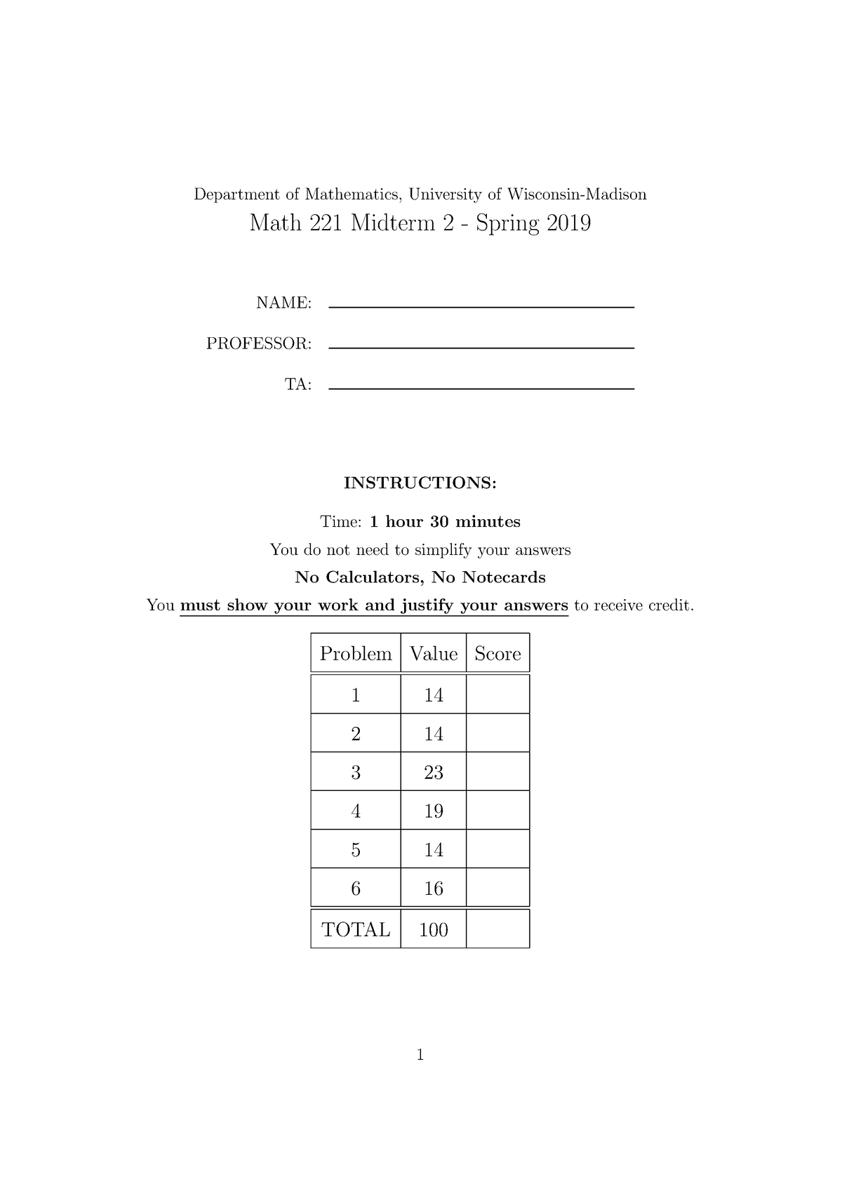 Spring 2019 221-sp19-midterm 2 - Department Of Mathematics, University ...