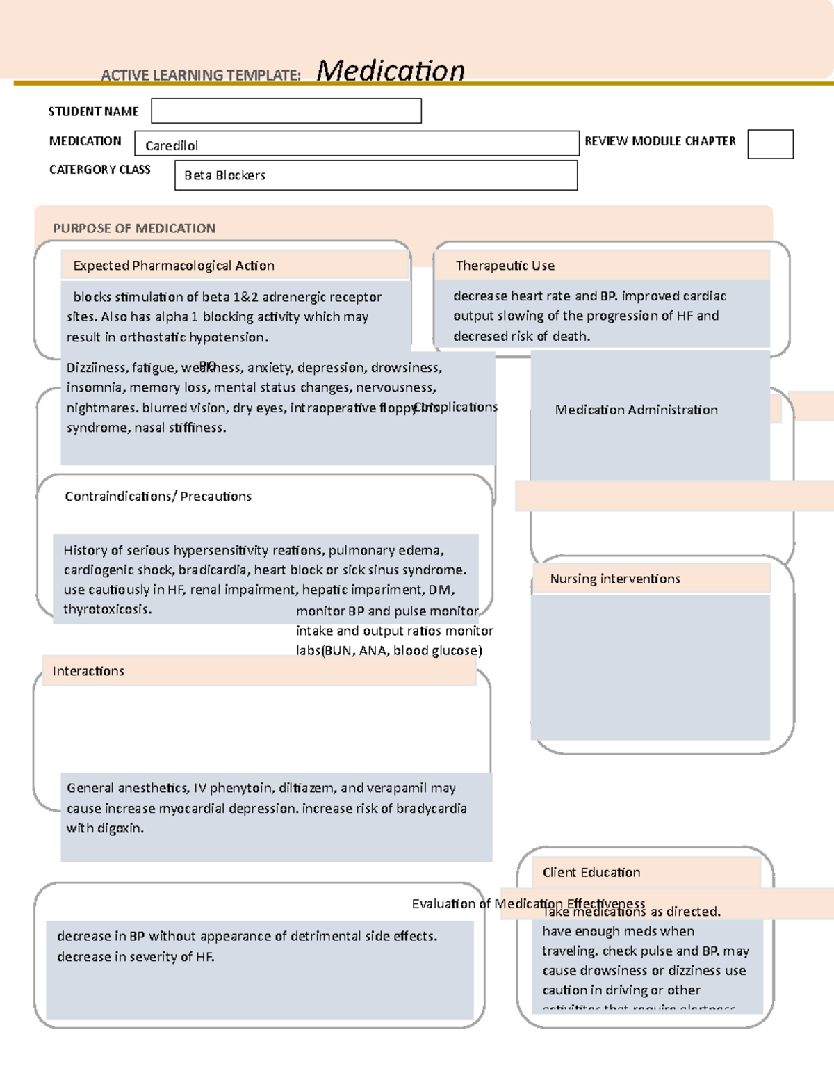 Carvedilol Medication Card With Therapeutic Class - ACTIVE LEARNING ...