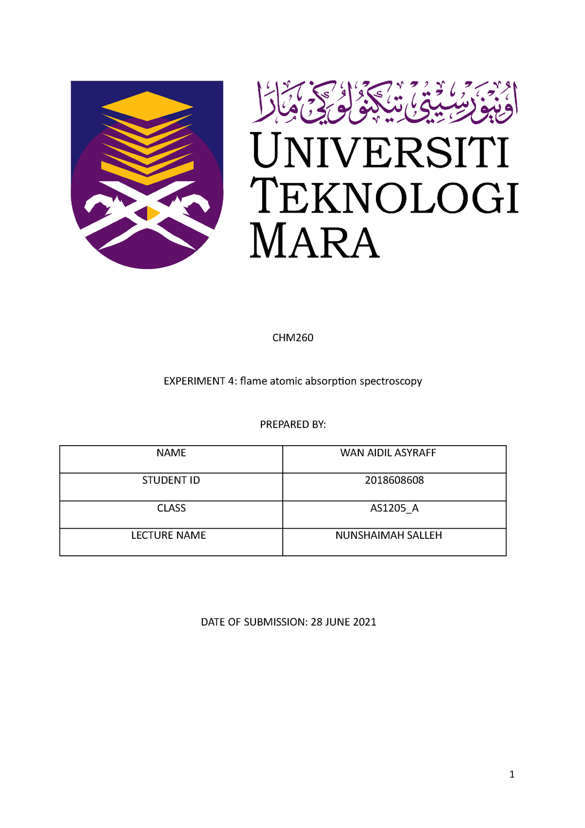 Draft LAB Report CHM260 Experiment 4 - 1 CHM EXPERIMENT 4: Flame Atomic ...