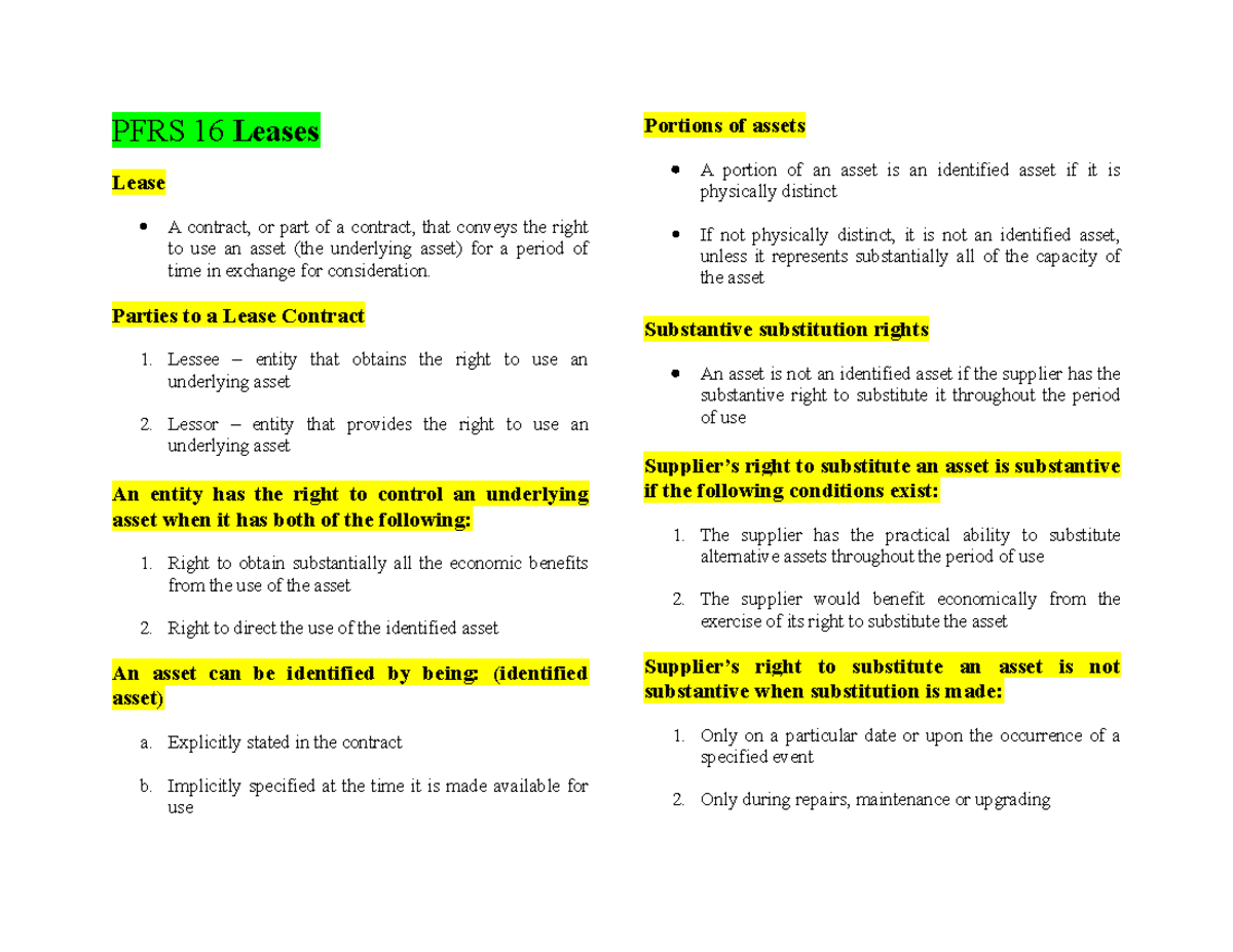 PFRS 16 Leases Lecture notes 1 PFRS 16 Leases Lease A contract, or