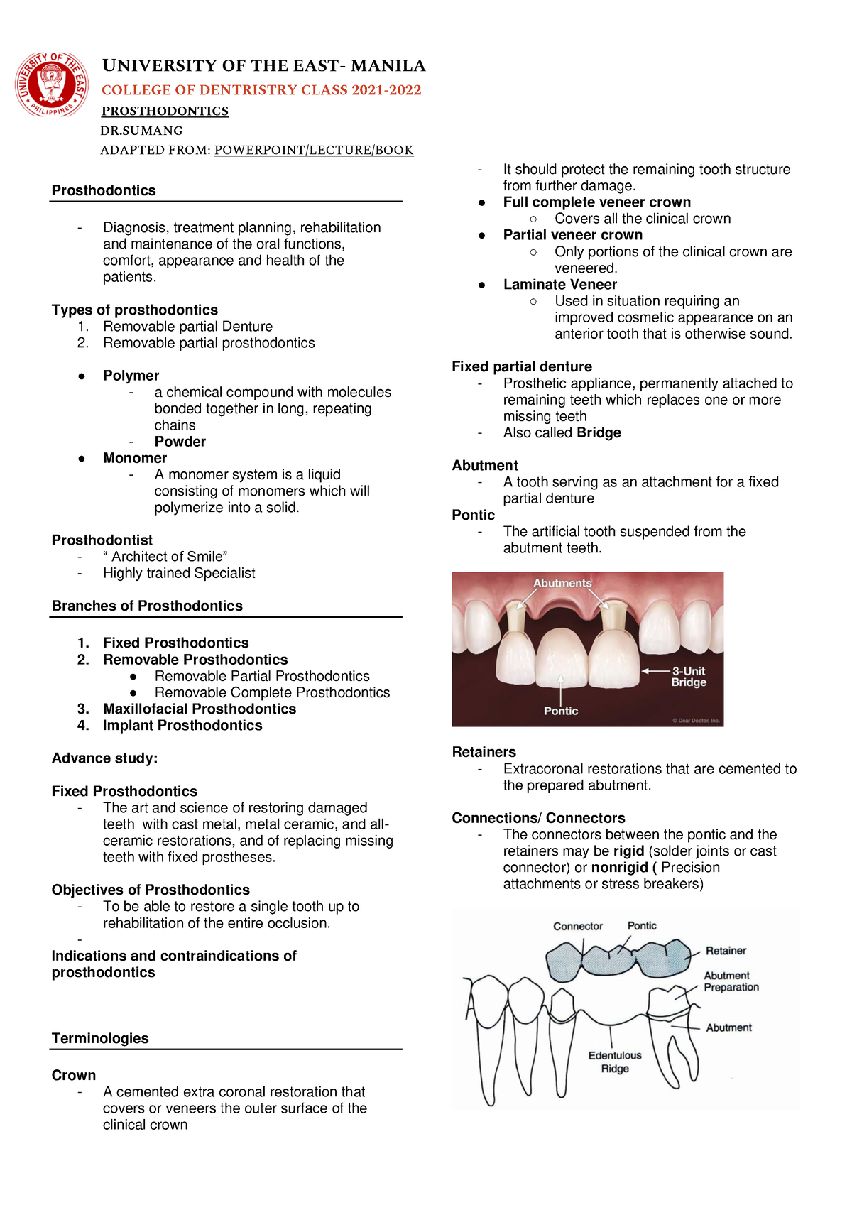 Prosthodontics Notes - COLLEGE OF DENTRISTRY CLASS 2021- PROSTHODONTICS ...