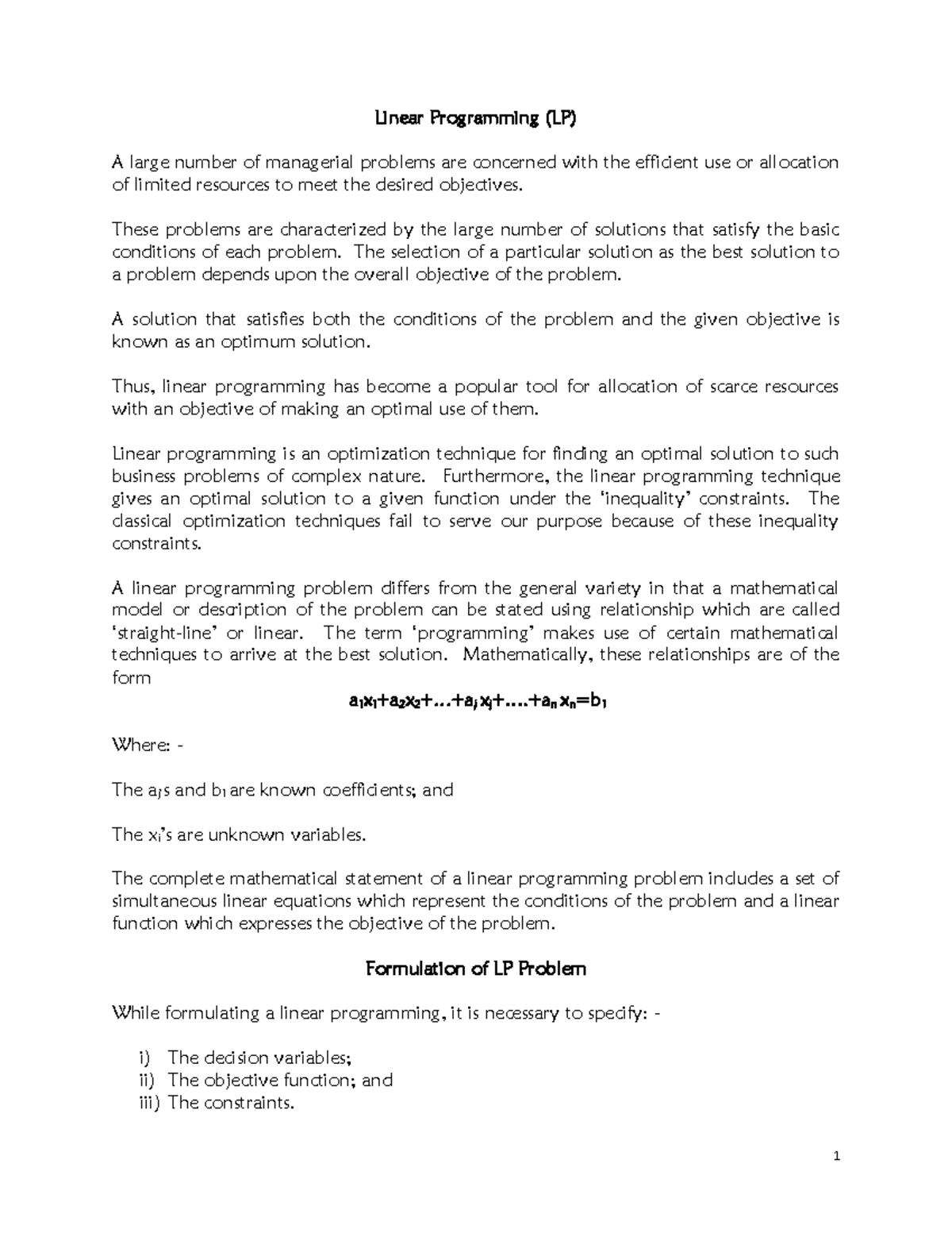 Linear Programming (LP)- Students Notes - Linear Programming (LP) A ...