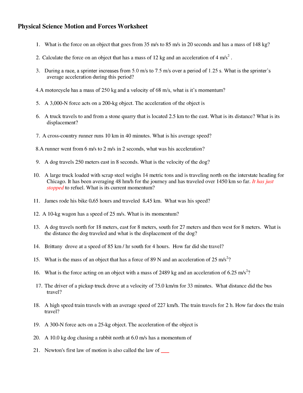 Motion and forces worksheet with key - Principles of Sport and Intended For Calculating Force Worksheet Answers