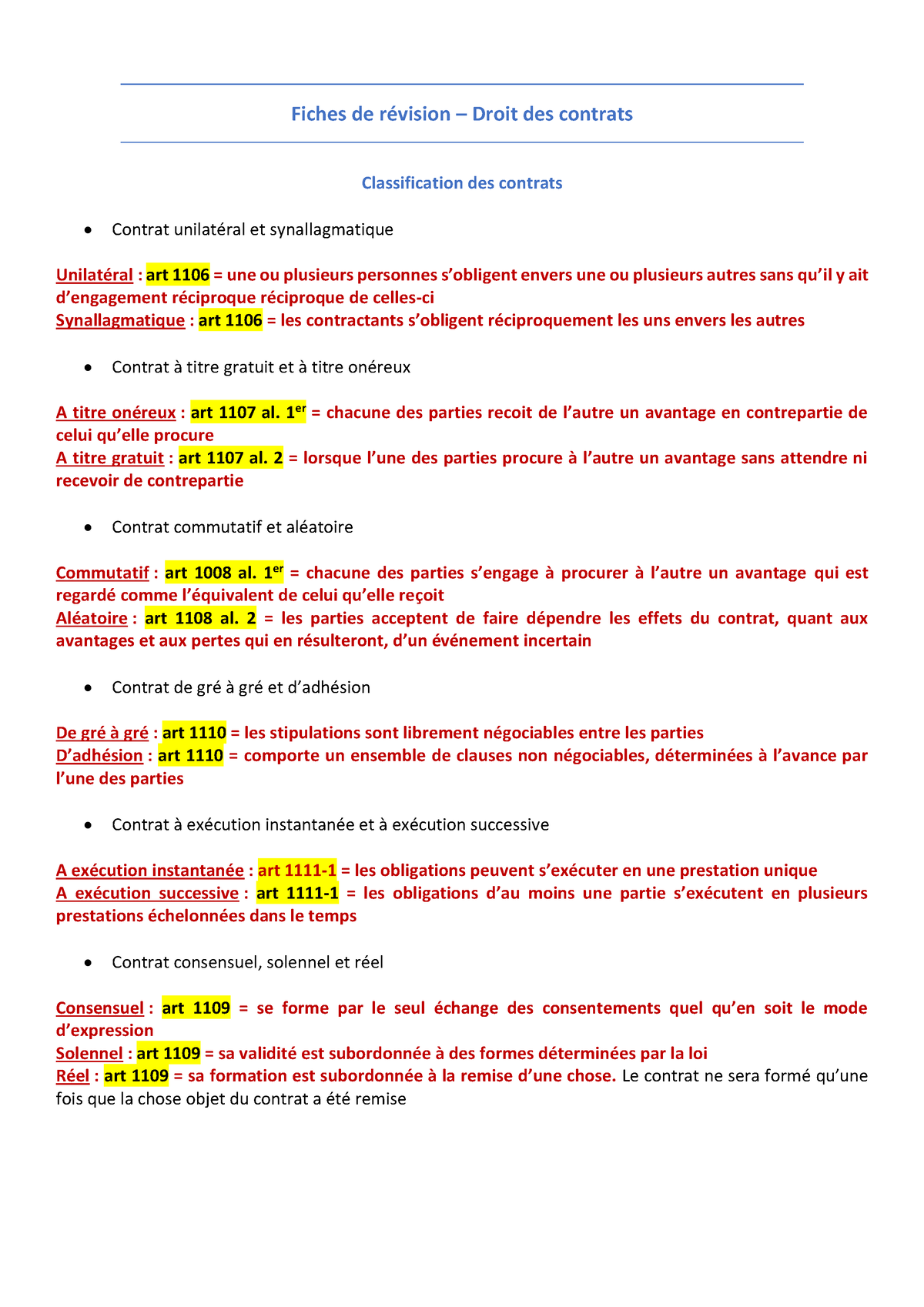 Fiches De Révision Droit Des Contrats - Fiches De RÈvision – Droit Des ...