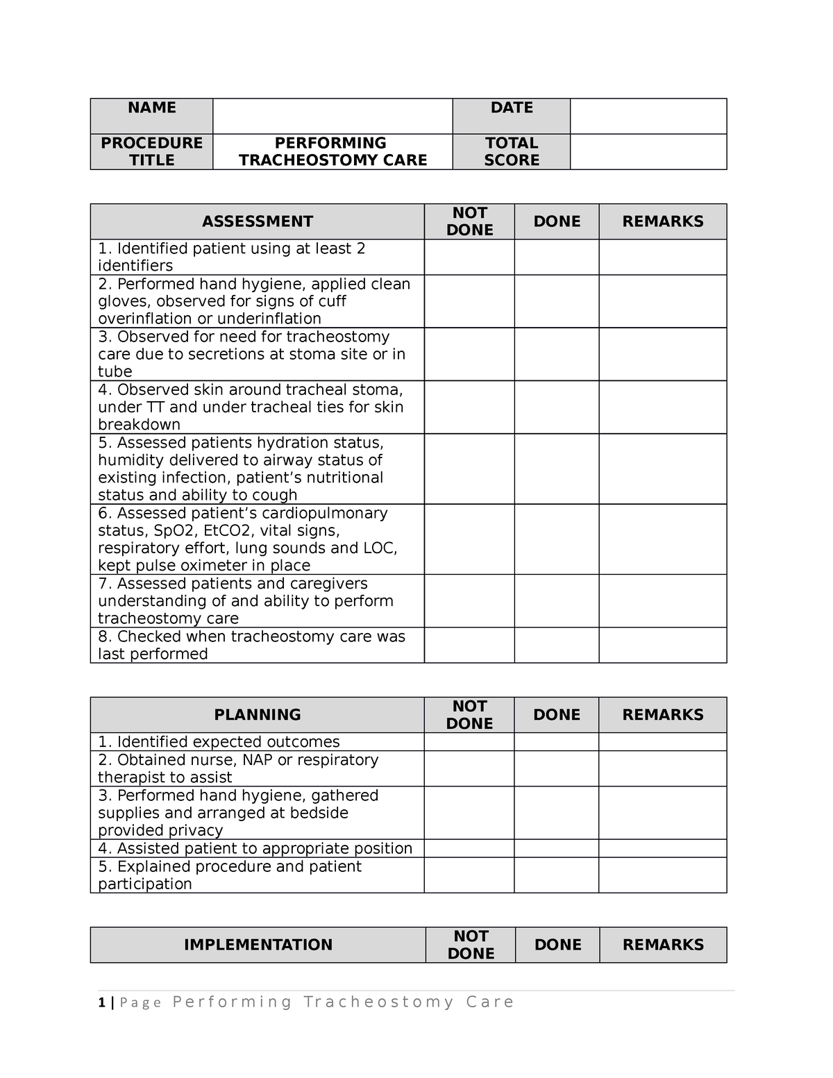 4. Tracheostomy Care - Qqqqw - Name Date Procedure Title Performing 