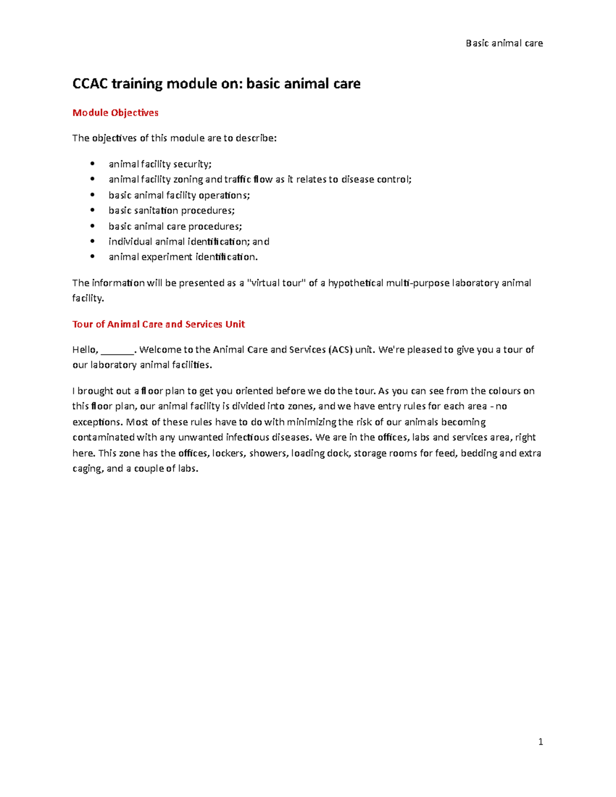 CCC trainig module on Basic animal care master Basic animal care CCAC