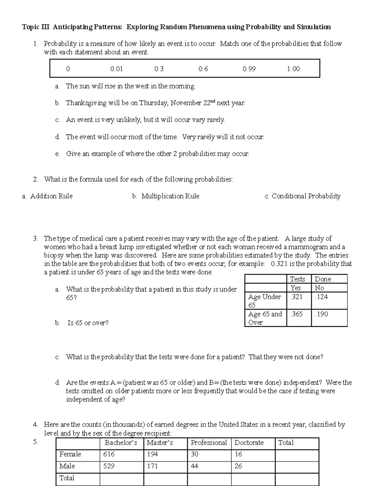 Anticipating patterns and probability frq - Topic III Anticipating ...