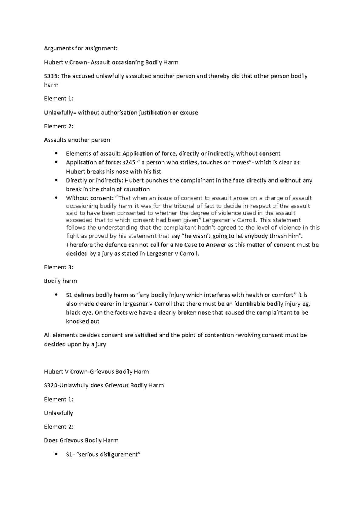 Arguments for assignment - Arguments for assignment: Hubert v Crown ...