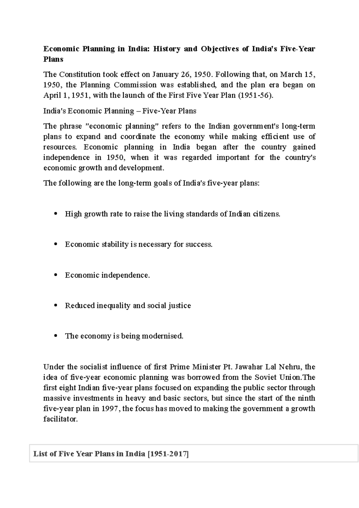 Economic Planning in India and History Economic Planning in India