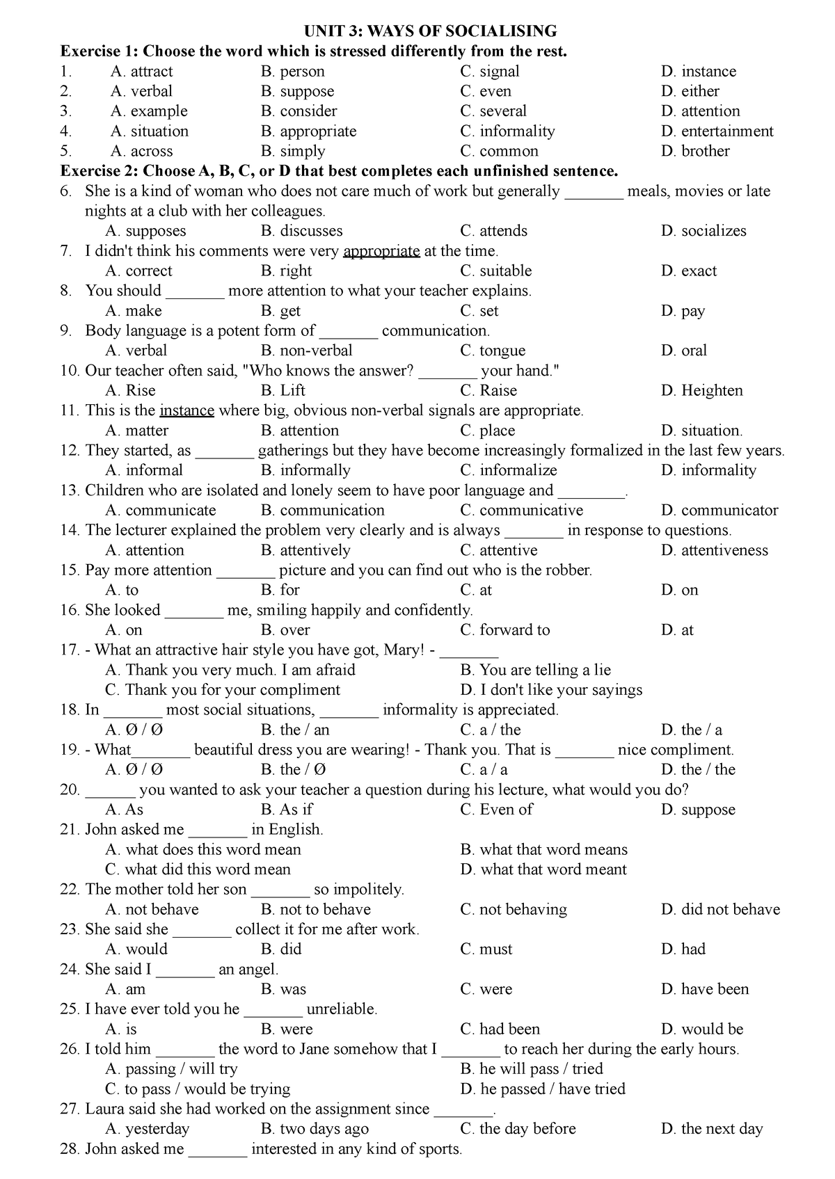 bài tập ôn tập từ vựng và ngữ pháp - UNIT 3: WAYS OF SOCIALISING ...