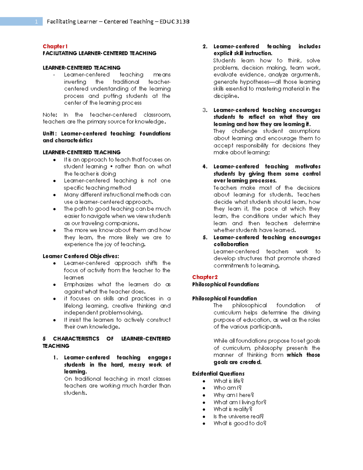 EDUC 313B Facilitating Learner Centered Teaching Chapter 1 