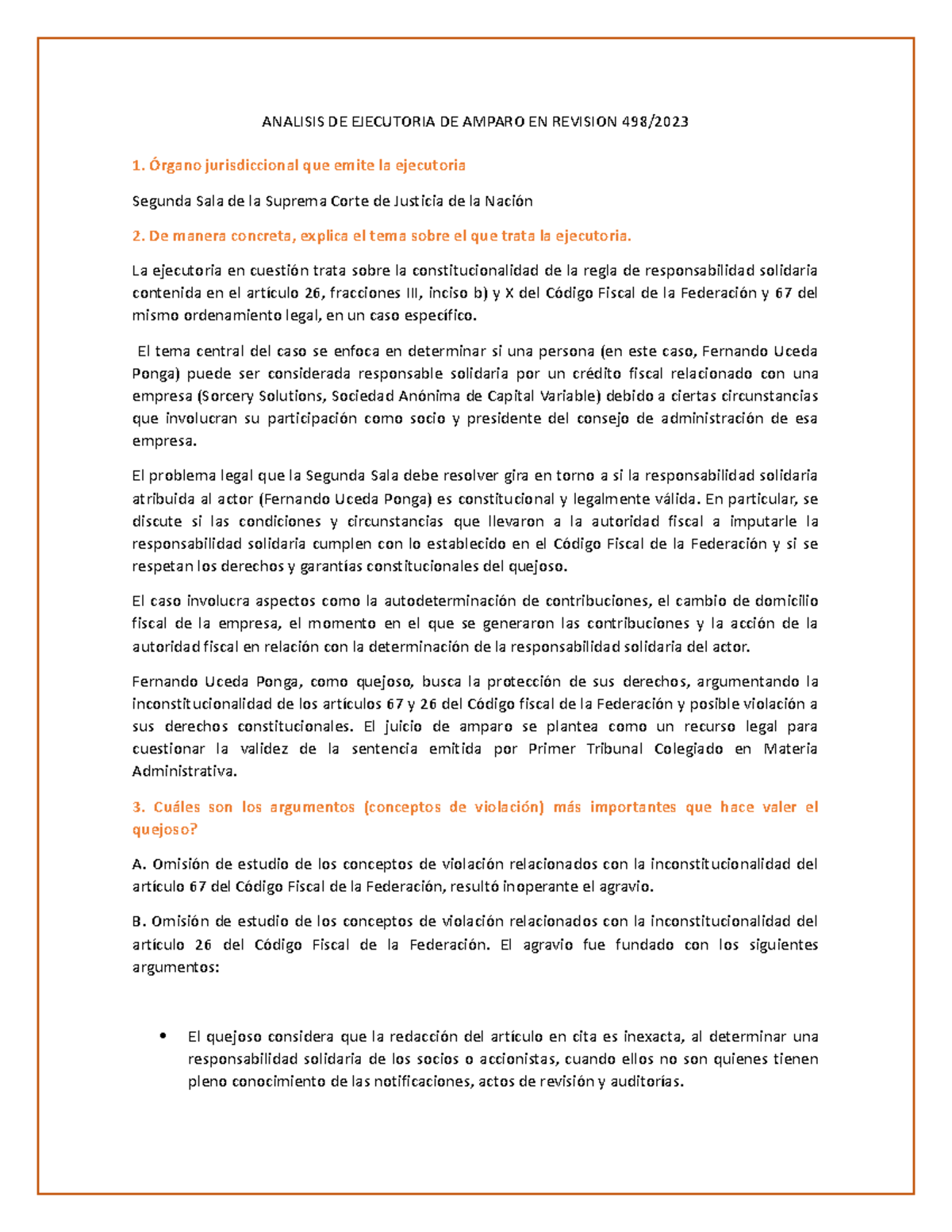 Analisis DE Ejecutoria DE Amparo EN Revision 498-2023 - ANALISIS DE