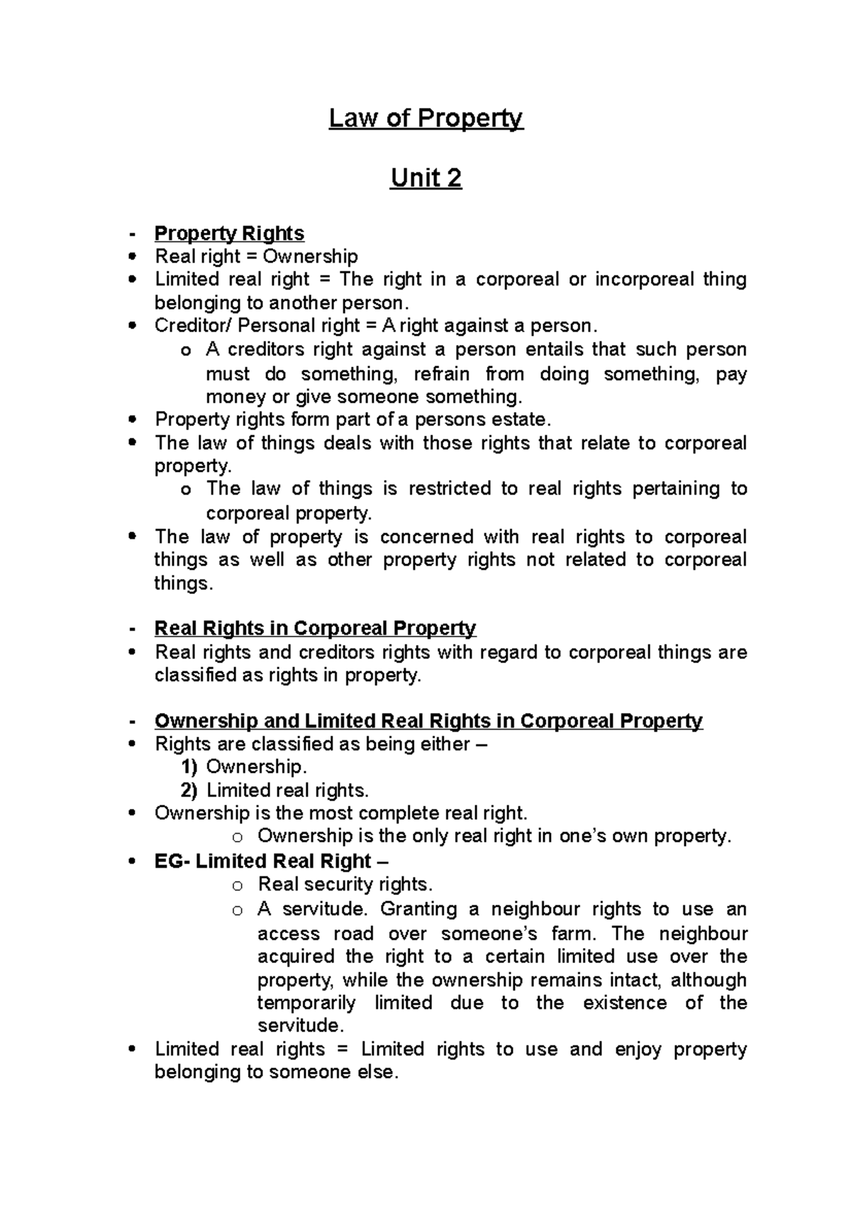 LPRO Unit 2 Notes Summary Law of Property Law of Property Unit 2