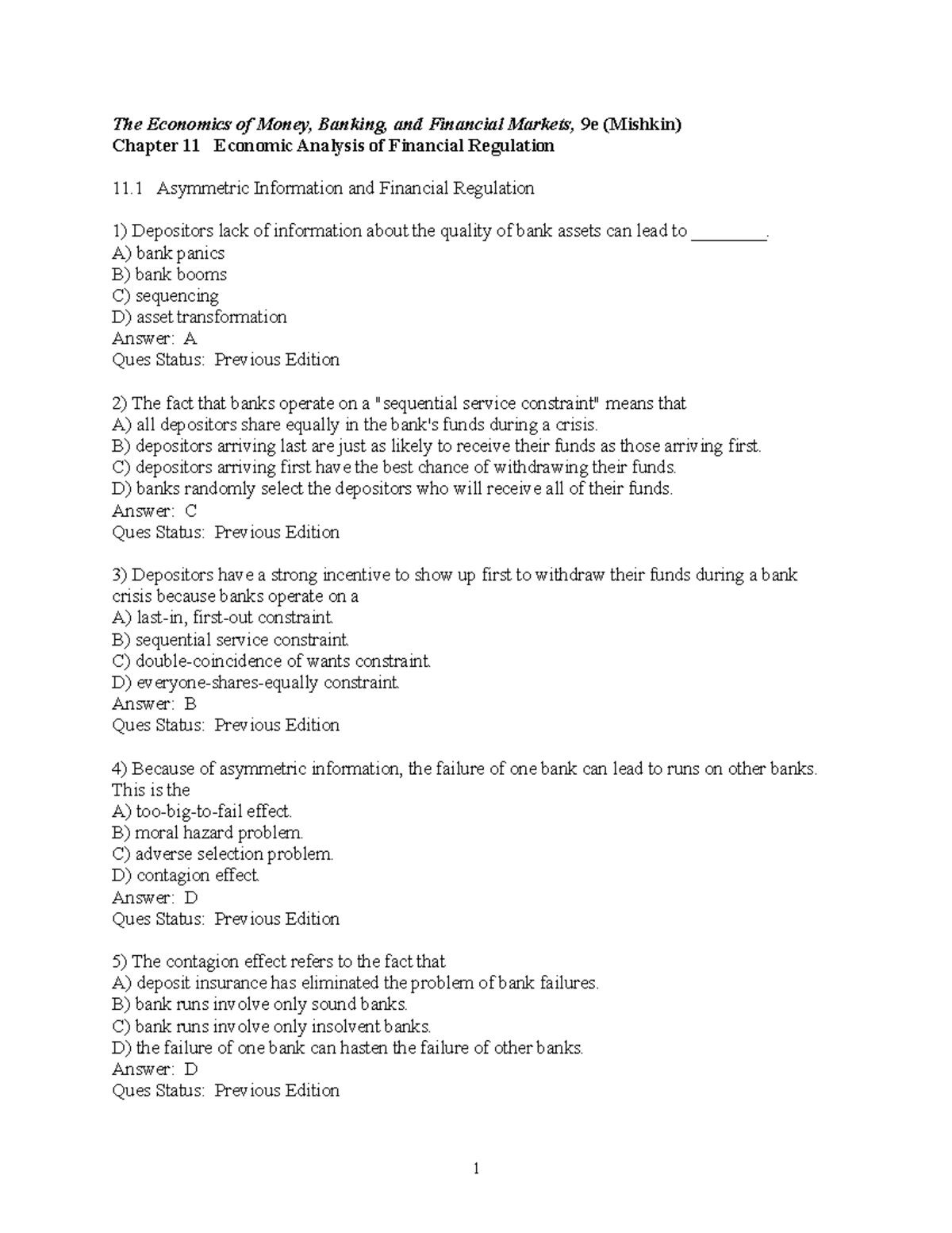 Chap11 - Chapter 11 Test Bank - The Economics Of Money, Banking, And ...