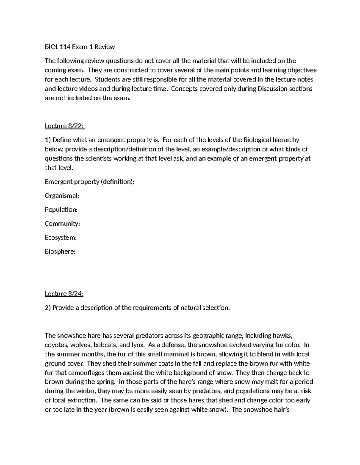 Review Sheet Unit 1 - BIOL 114 Exam 1 Review The following review ...