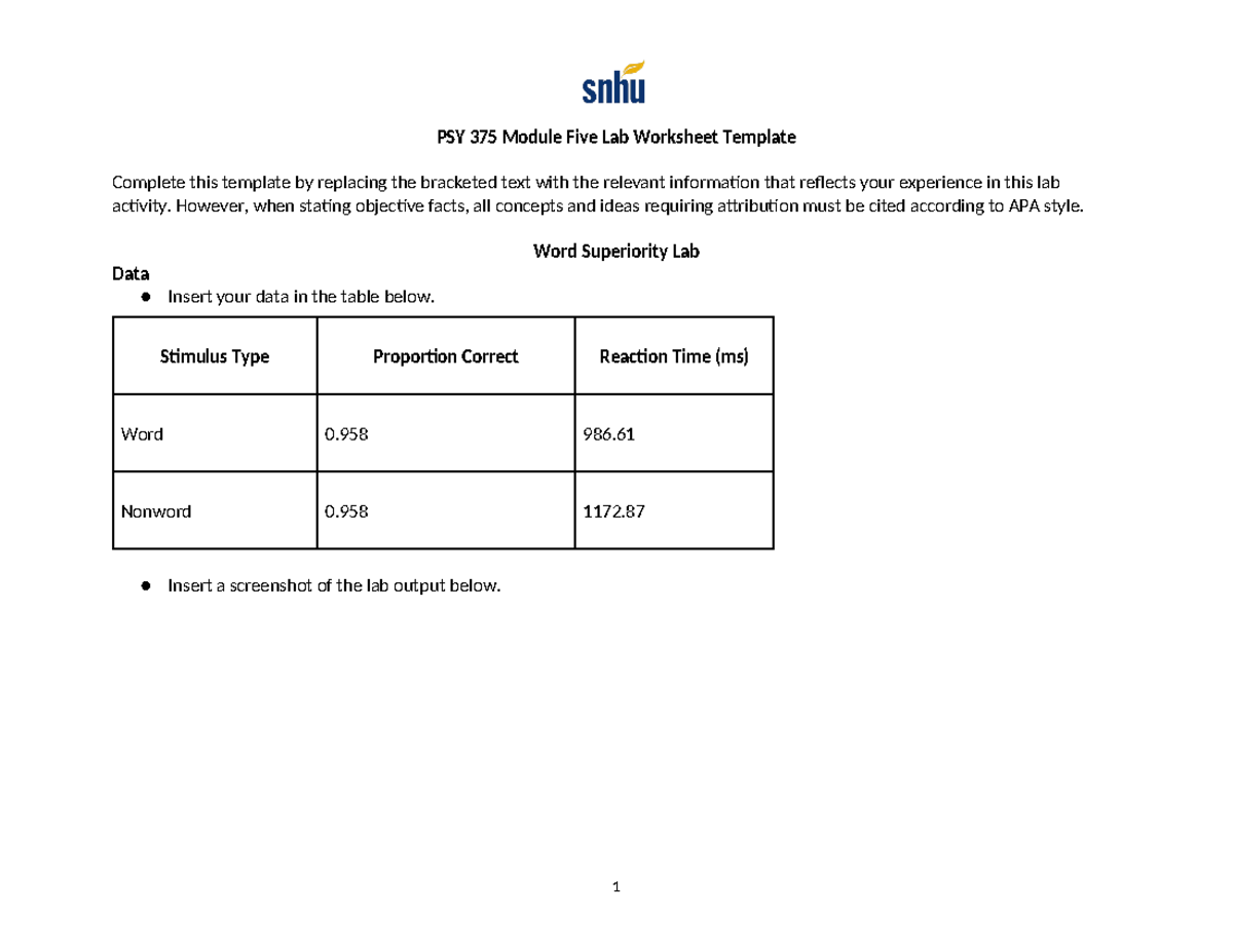 PSY 375 Mod 5 Lab - LAB 5 Lab - PSY 375 Module Five Lab Worksheet ...