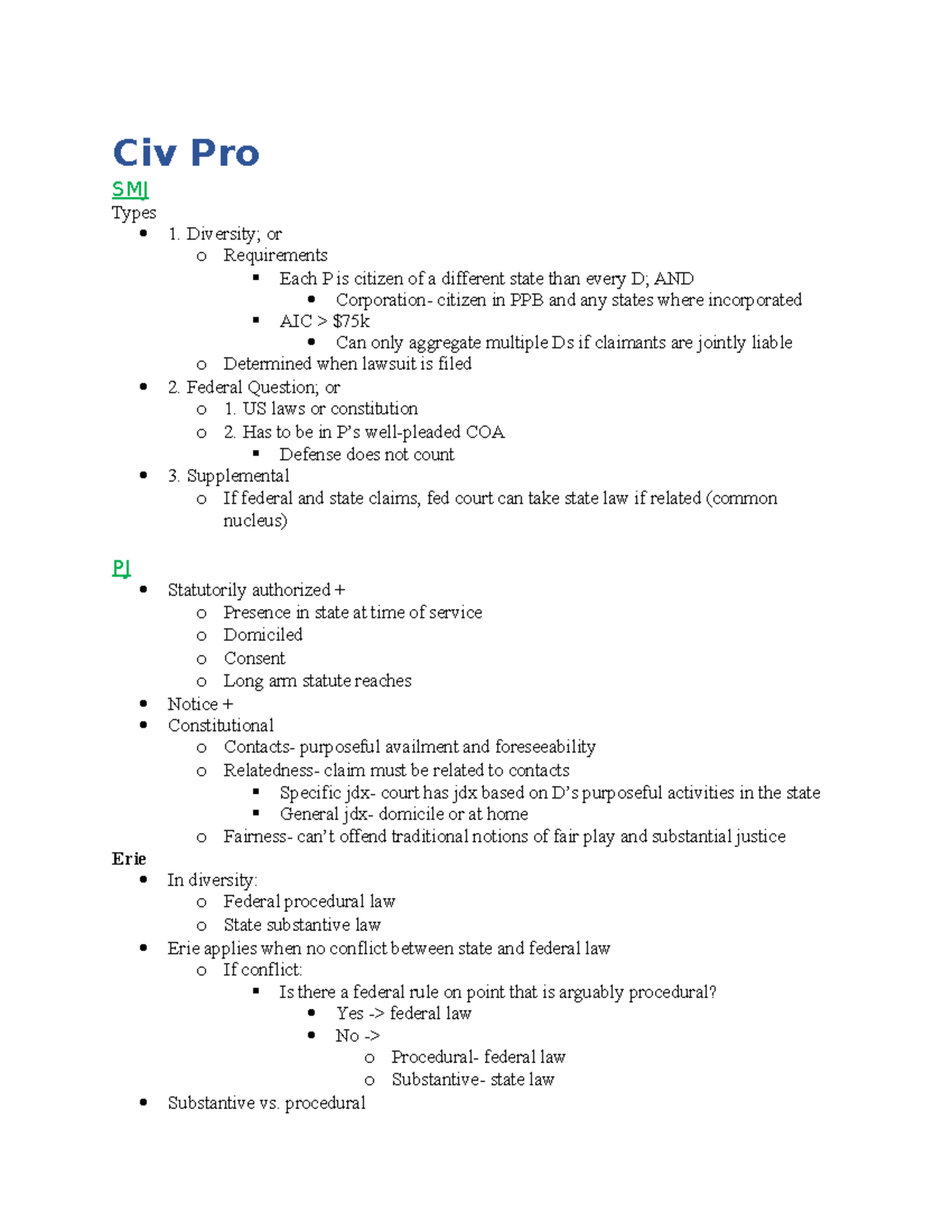 Civ Pro - Bar Study Notes - Civ Pro SMJ Types 1. Diversity; Or O ...