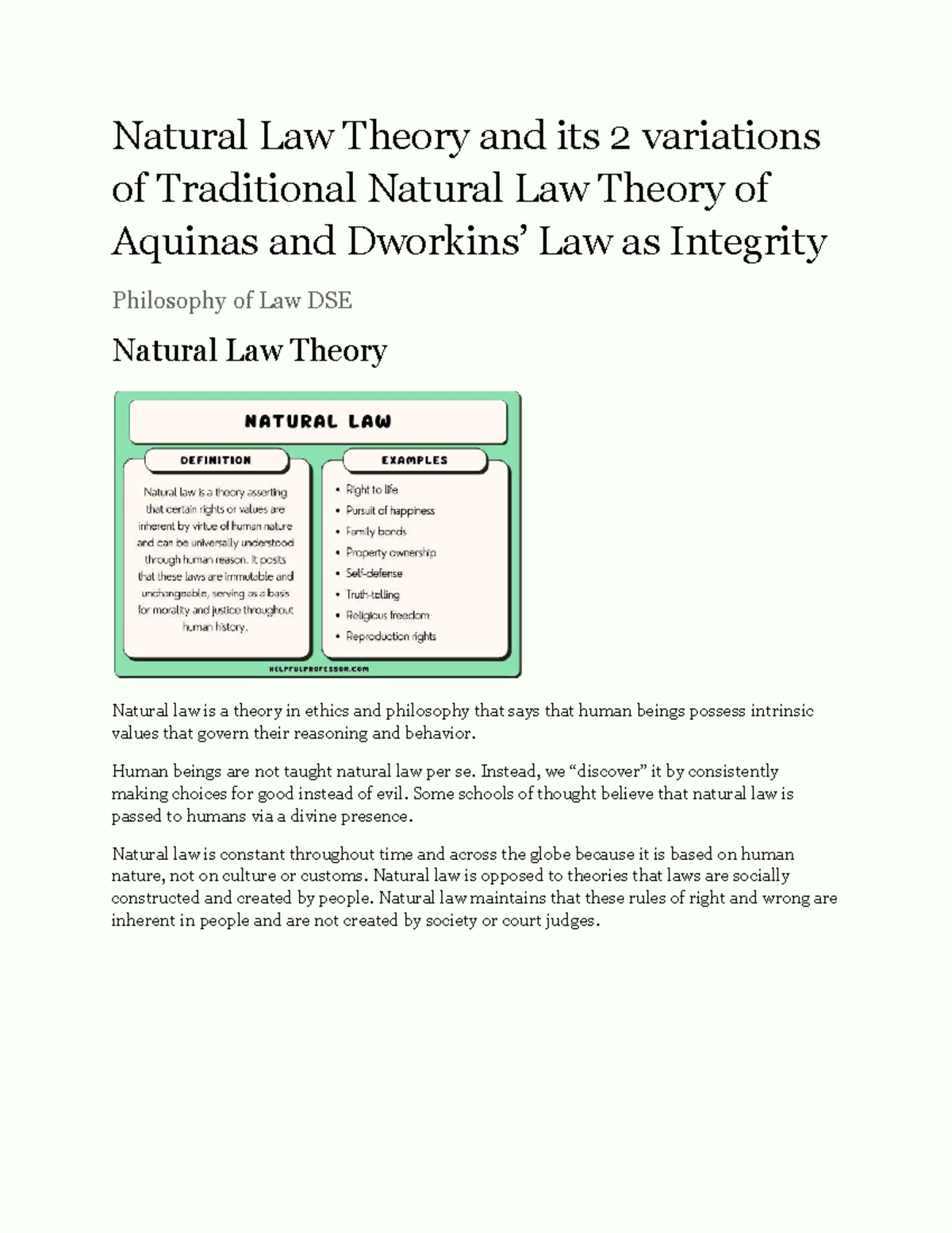 Law Project - Summary Philosophy Honours - Natural Law Theory and its 2 ...