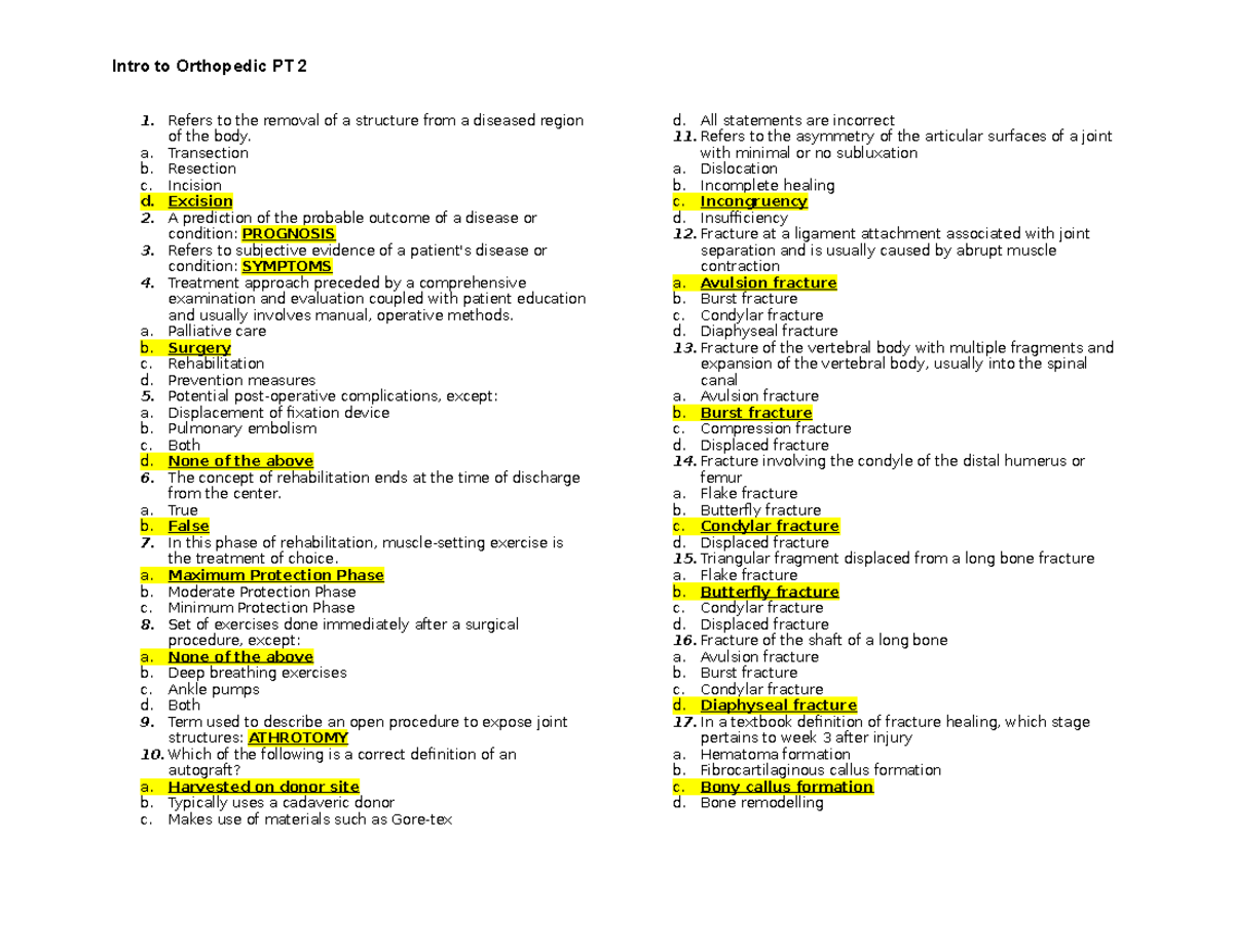 Introduction to Orthopedic Physical Therapy 2 Quiz Intro to