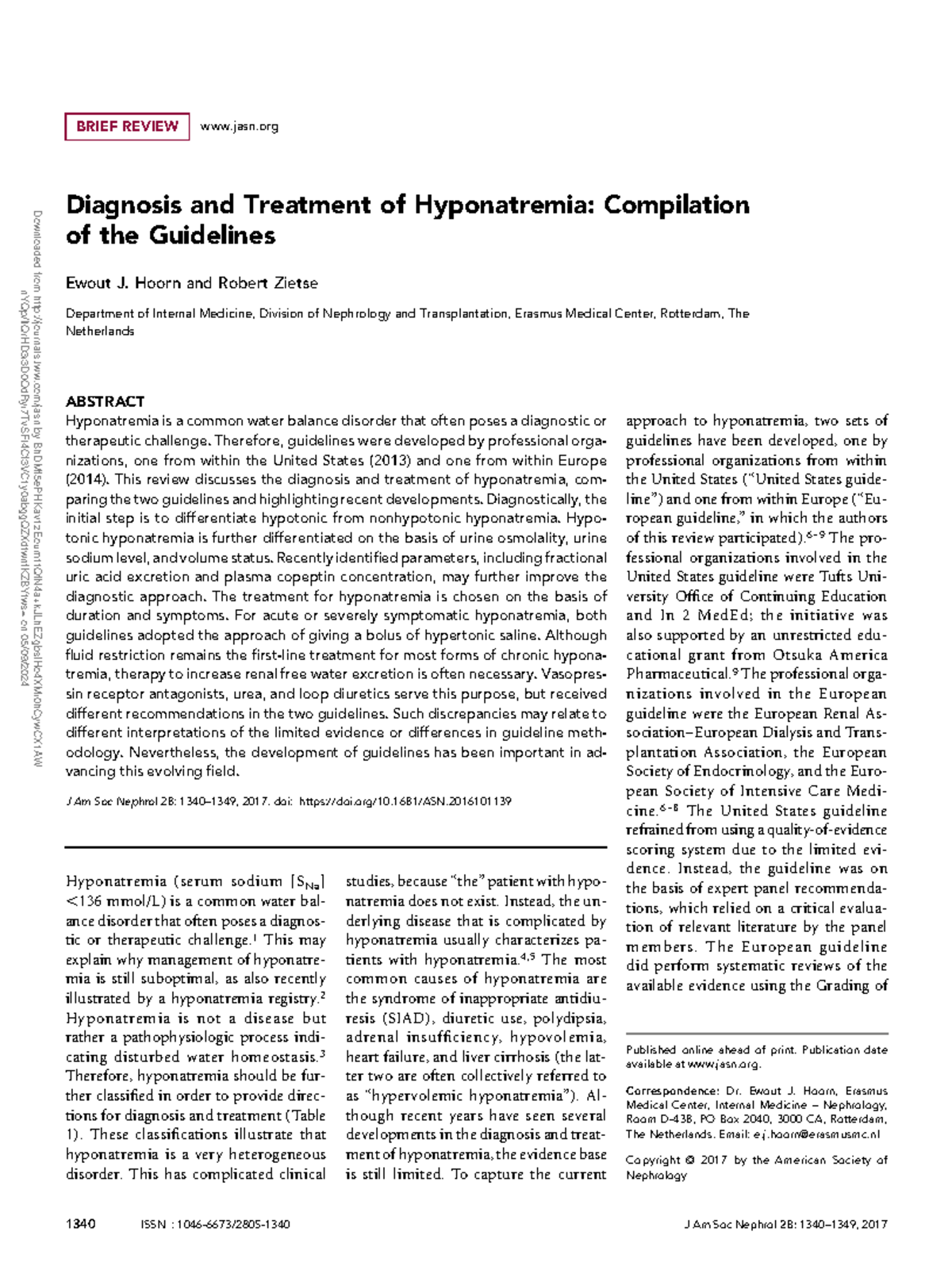 Diagnosis and treatment of hyponatremia - BRIEF REVIEW jasn Diagnosis ...