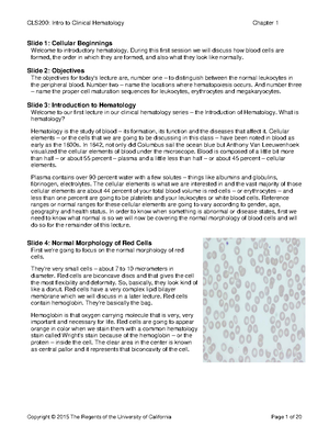 CLS200 L03 - Lecture 3 notes - Slide 1: Structure and Function of Red ...