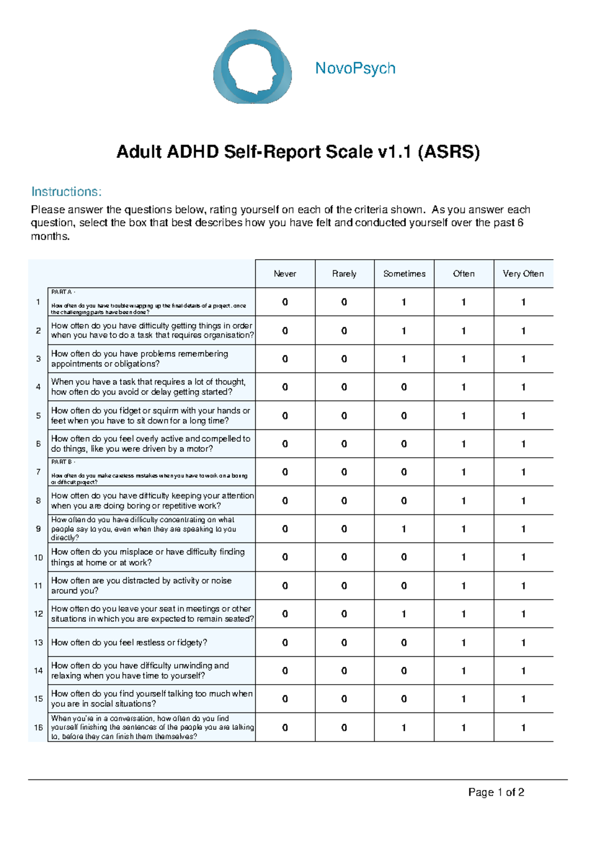 Adult ADHD Self Report Scale ASRS V 1 - NovoPsych Adult ADHD Self ...