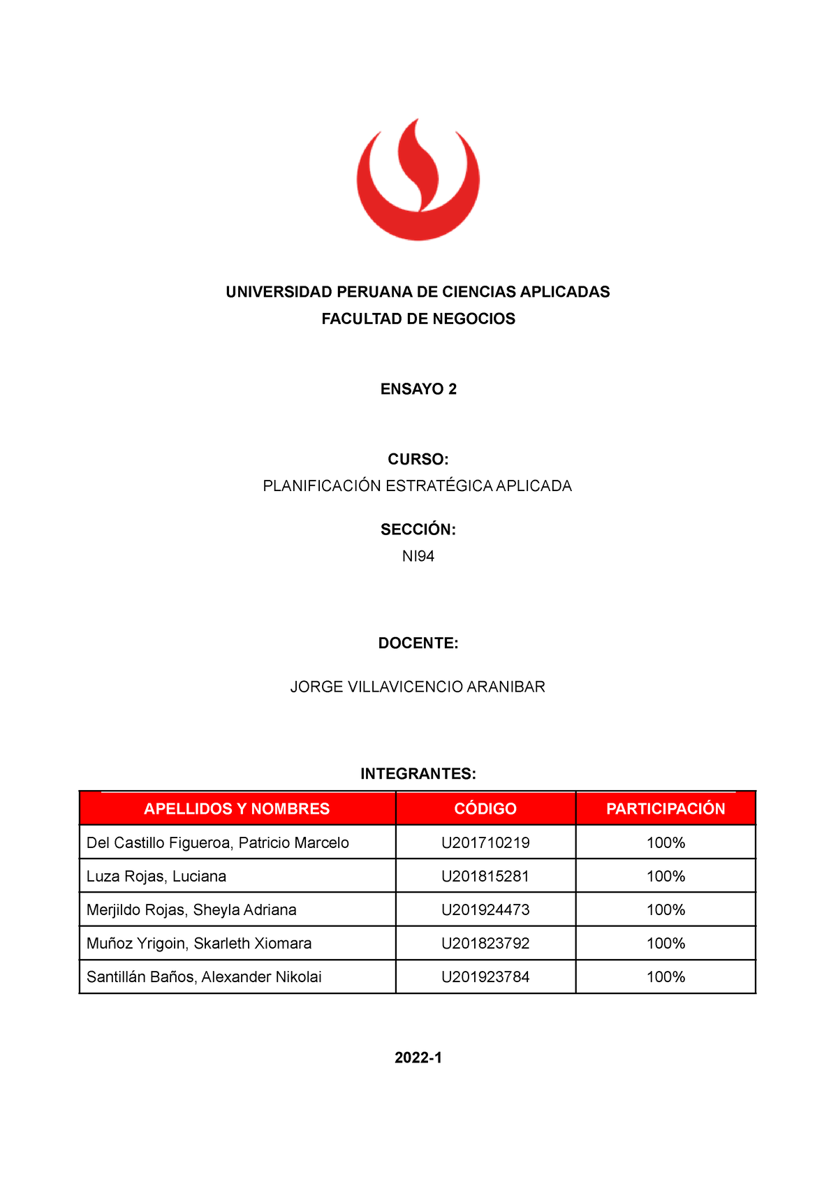 Ensayo 2 - UNIVERSIDAD PERUANA DE CIENCIAS APLICADAS FACULTAD DE ...