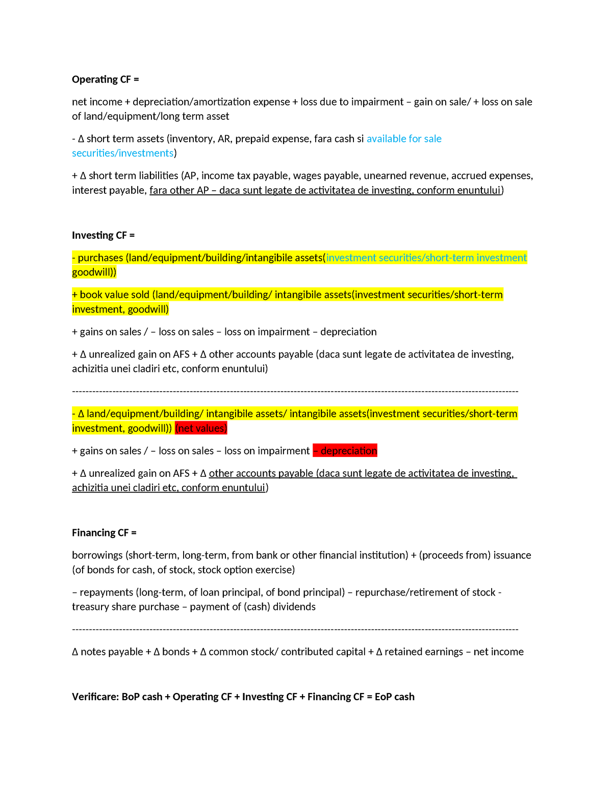 Cash Flows Formulas - Operating Cf = Net Income + Depreciation 