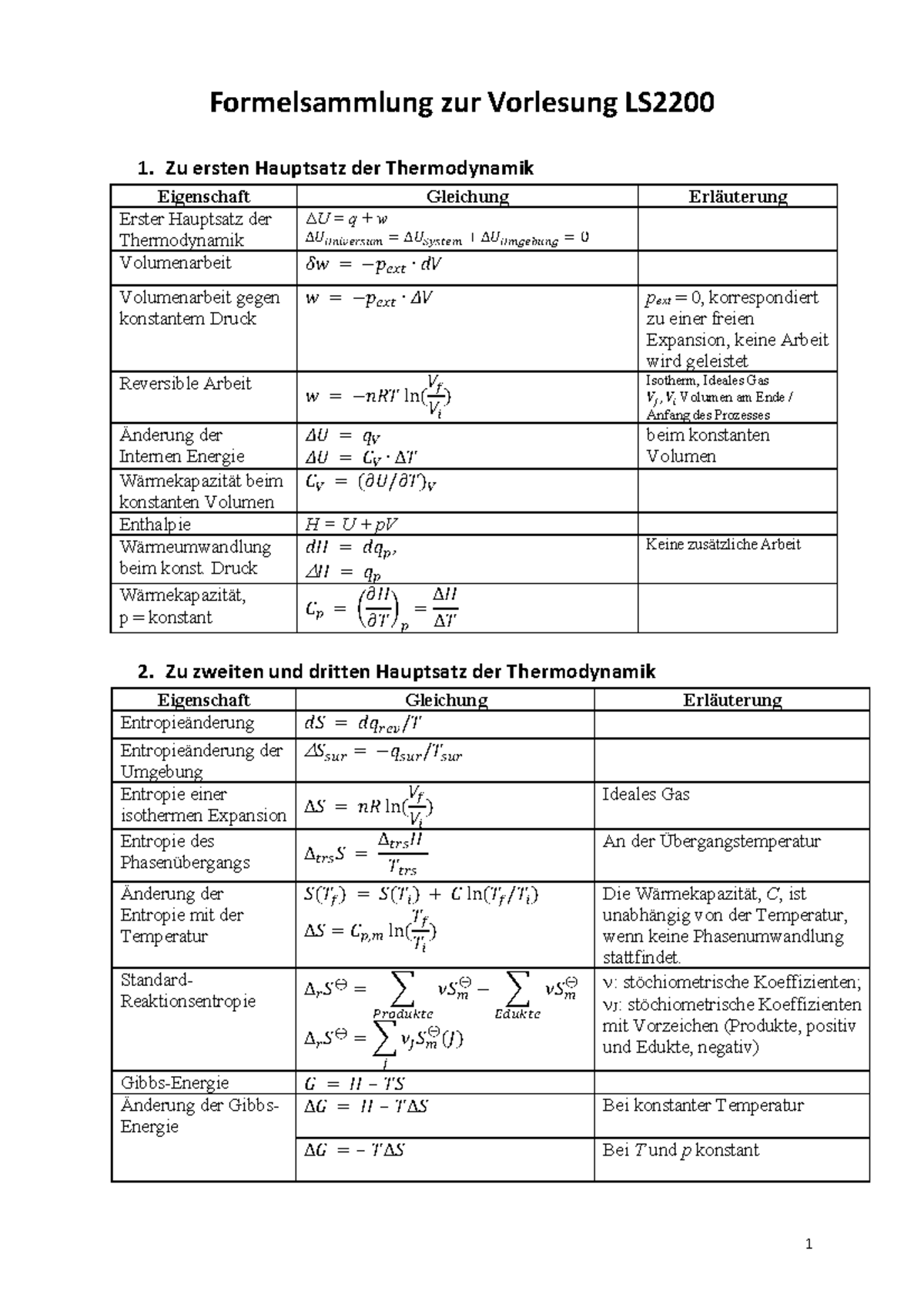 Formelsammlung - Zu Ersten Hauptsatz Der Thermodynamik Eigenschaft ...