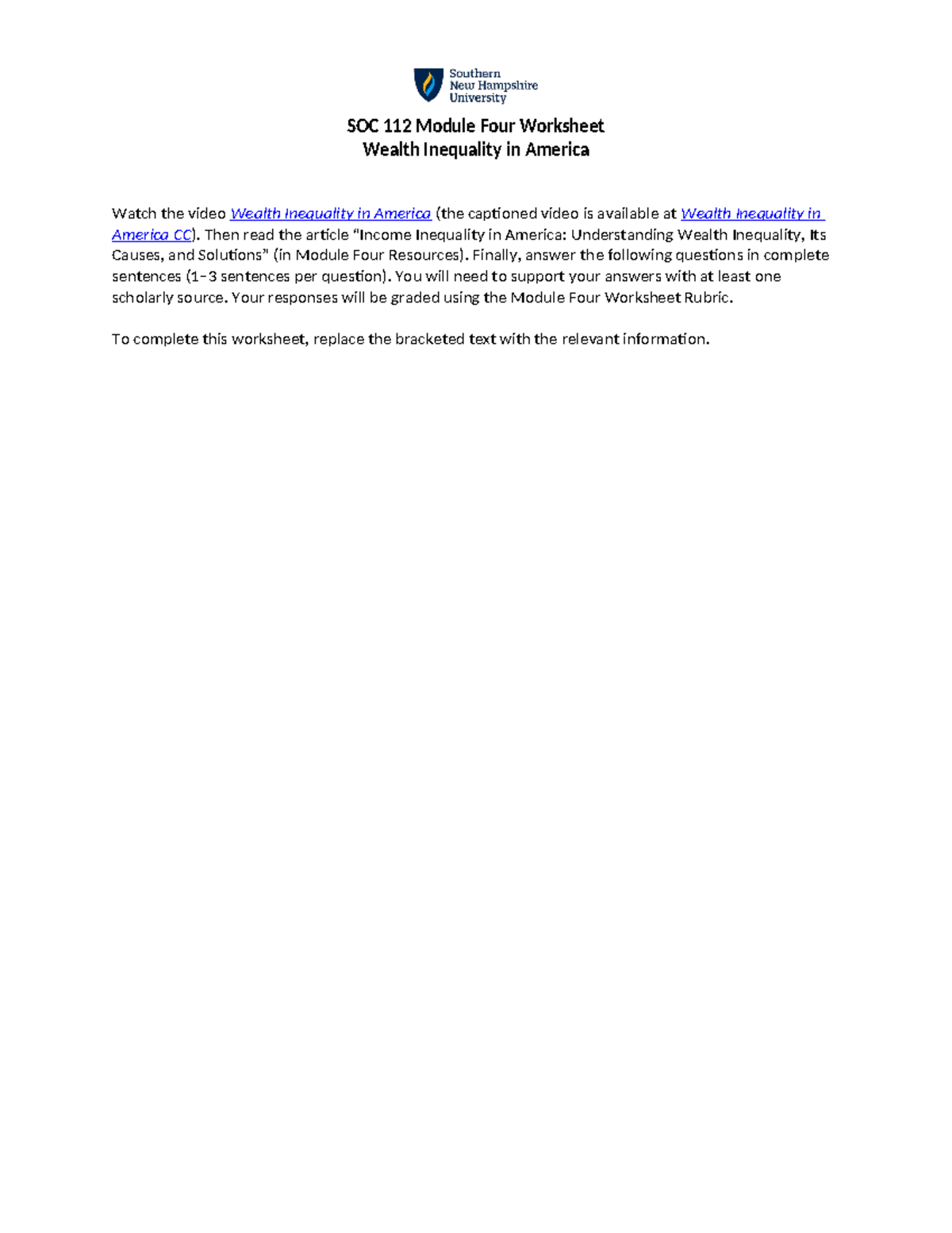 SOC 112 Module Four Worksheet - SOC 112 Module Four Worksheet Wealth ...