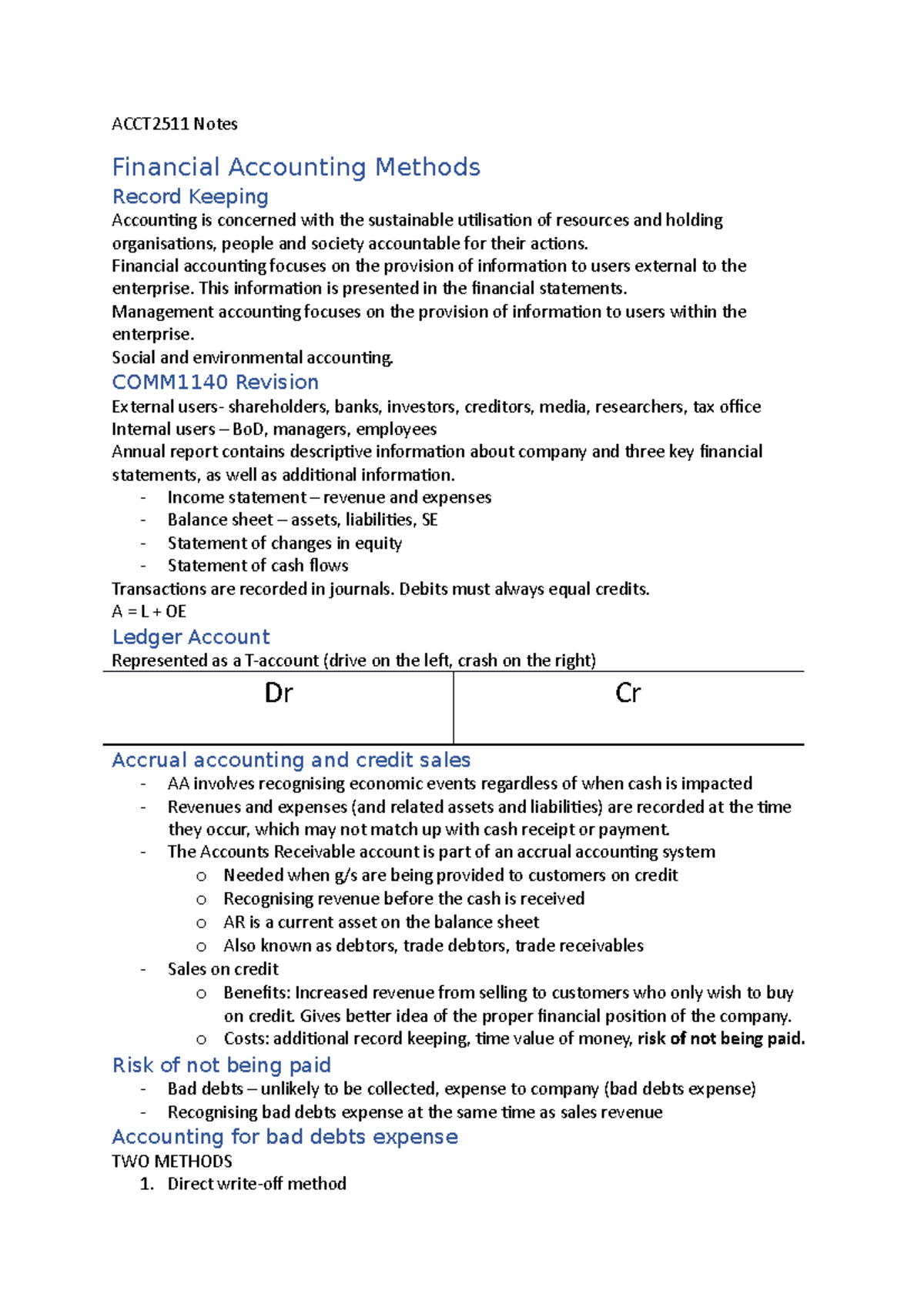 ACCT2511 Notes - ACCT2511 Notes Financial Accounting Methods Record ...