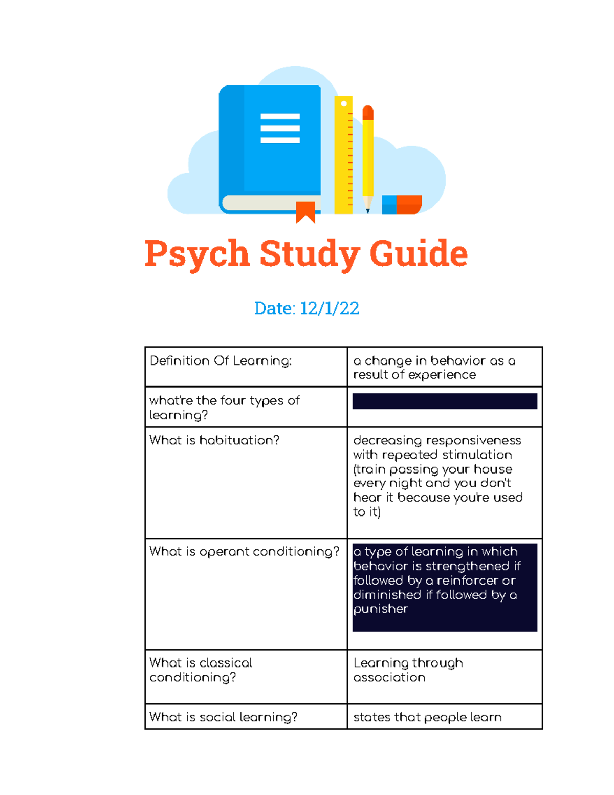 Study Guide - Psychology 101 Notes - Psych Study Guide Date: 12/1 ...