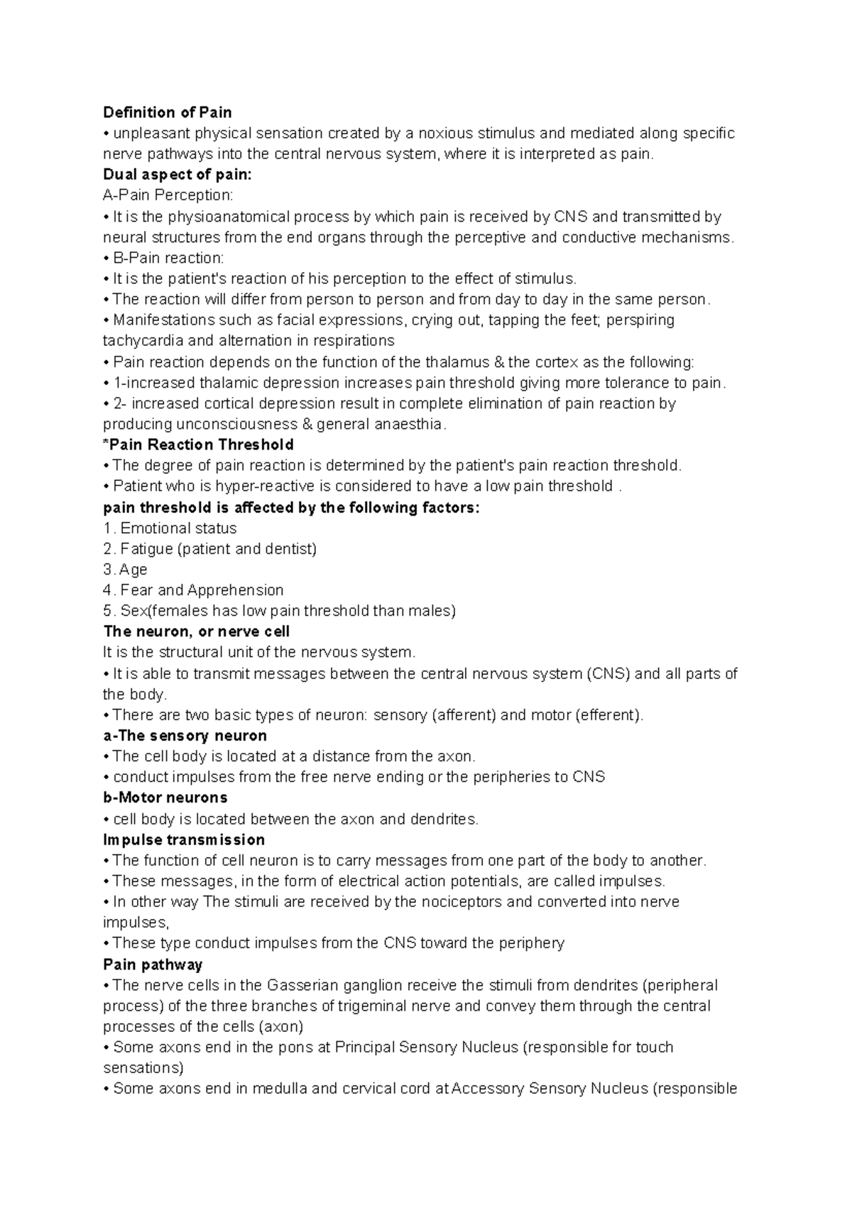 Pain and threshold Definition of Pain unpleasant physical sensation
