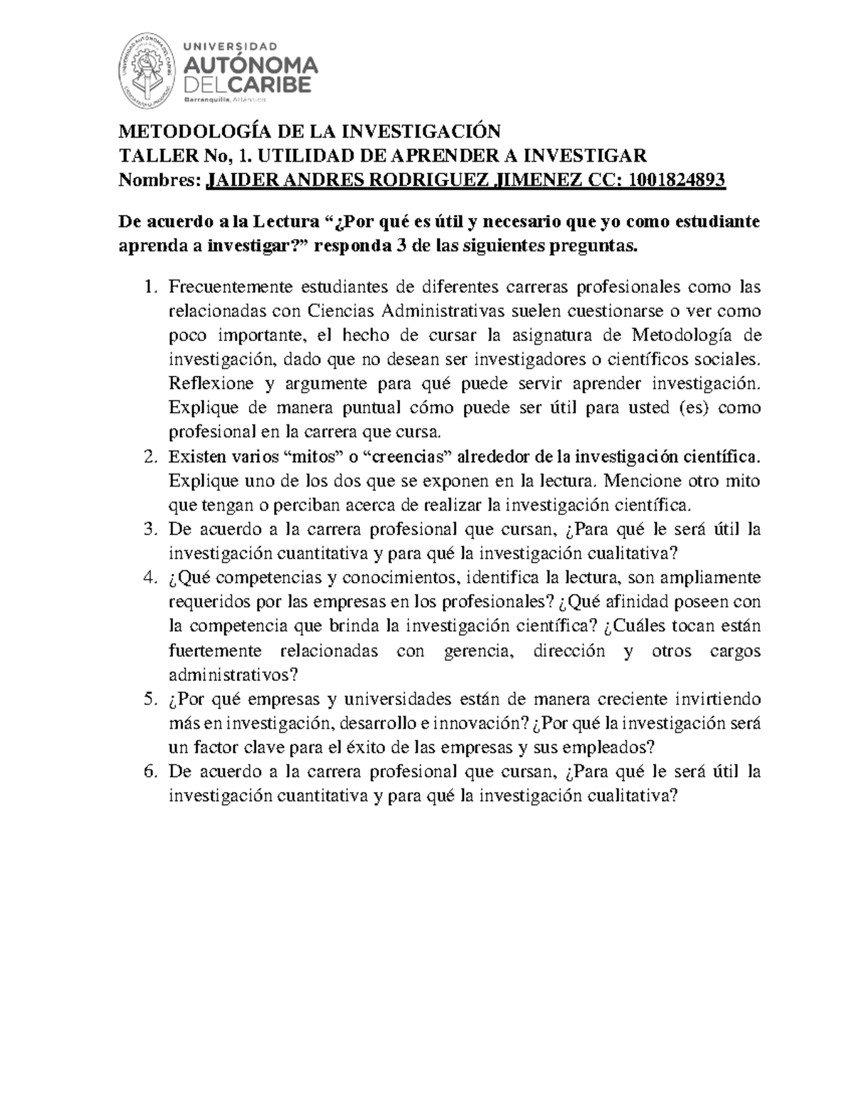 Taller 1 Metodologia DE LA Investigacion - METODOLOGÍA DE LA ...