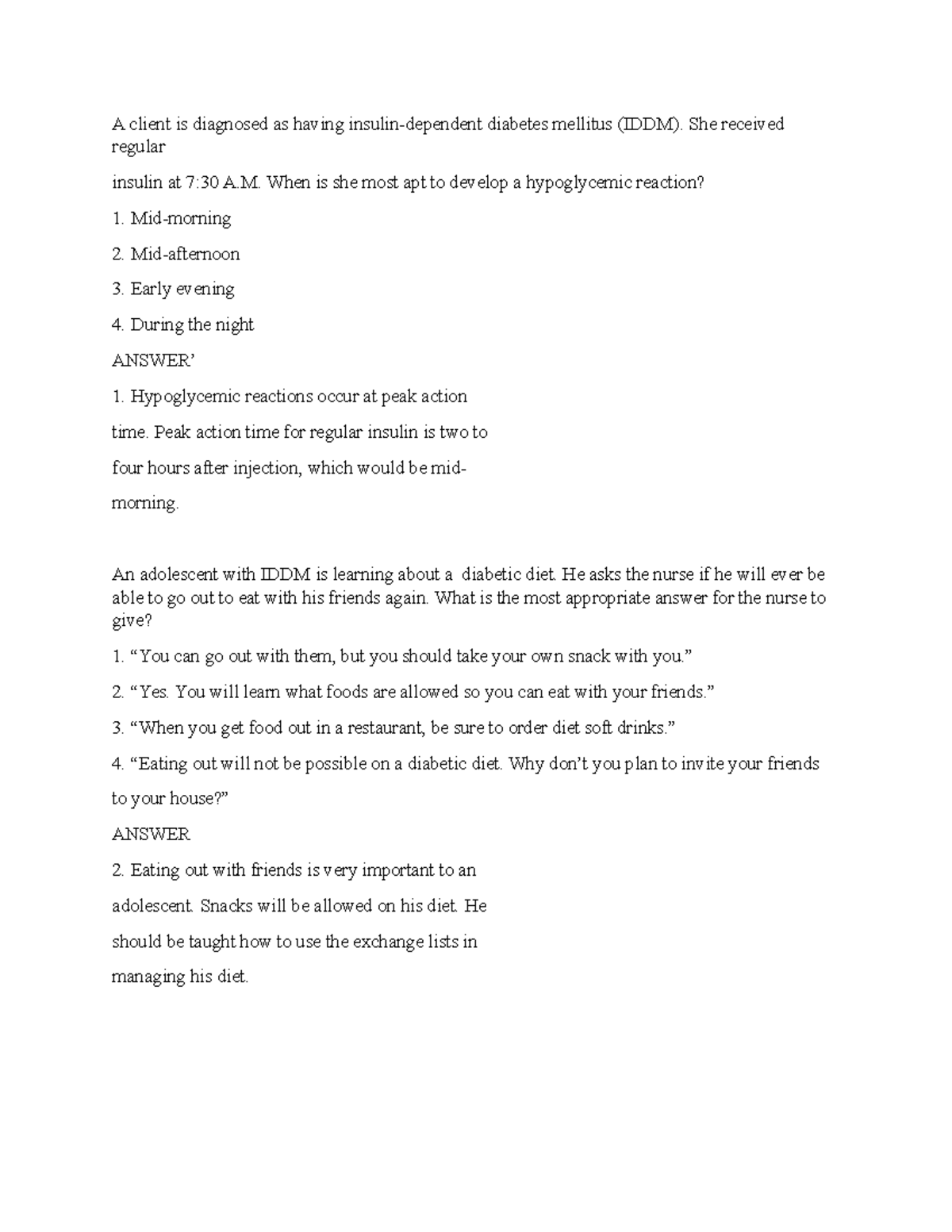 Diabetes Q&A Practice Questions and Answers StuDocu