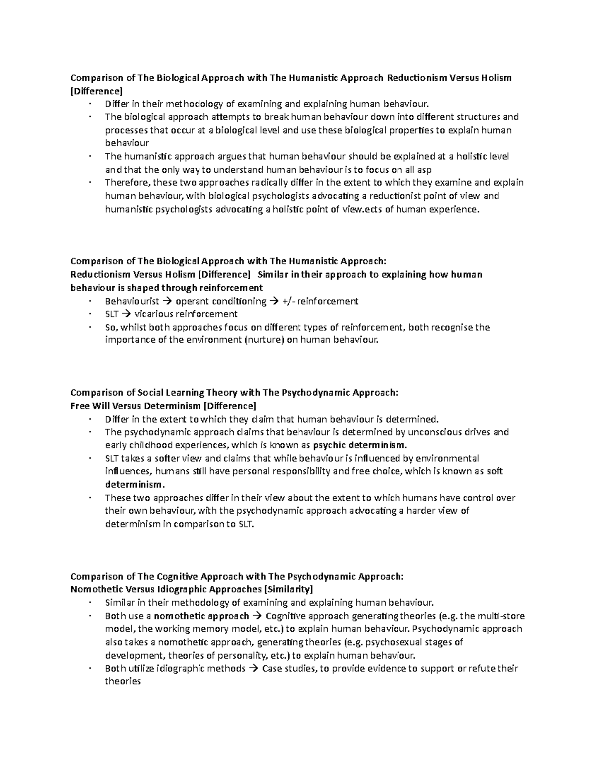 Comparisons of approaches class work - Comparison of The Biological ...