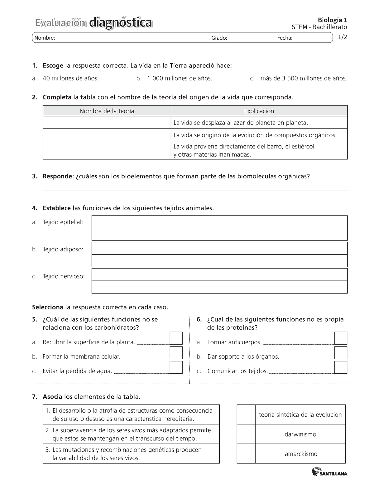 Prueba Diagnostica 1ROS - 1/ Biología 1 STEM - Bachillerato Escoge La ...