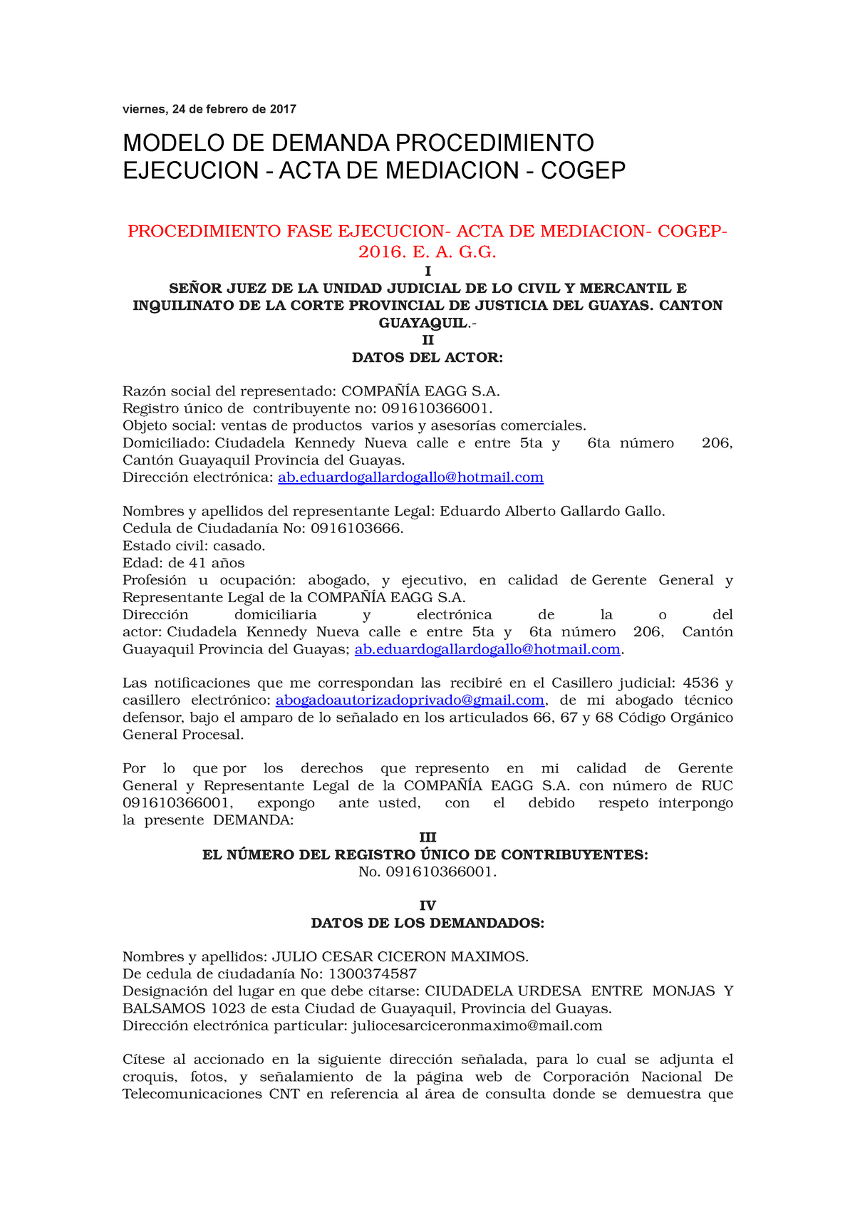 Modelo DE Demanda Procedimiento Ejecucion - ACTA DE Mediacion - Cogep 1 -  viernes, 24 de febrero de - Studocu