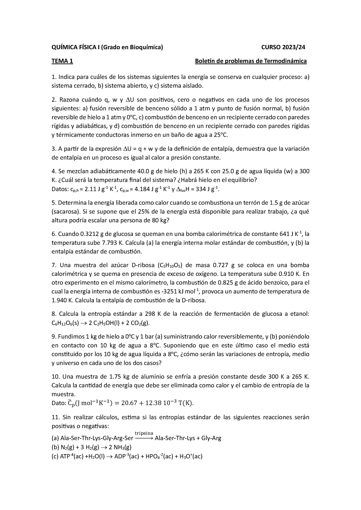 Problemas De Termodin Ã¡mica - QUÍMICA FÍSICA I (Grado En Bioquímica ...