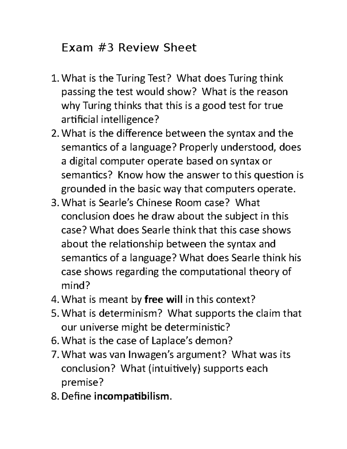Exam - exam study guide - Exam #3 Review Sheet What is the Turing Test ...