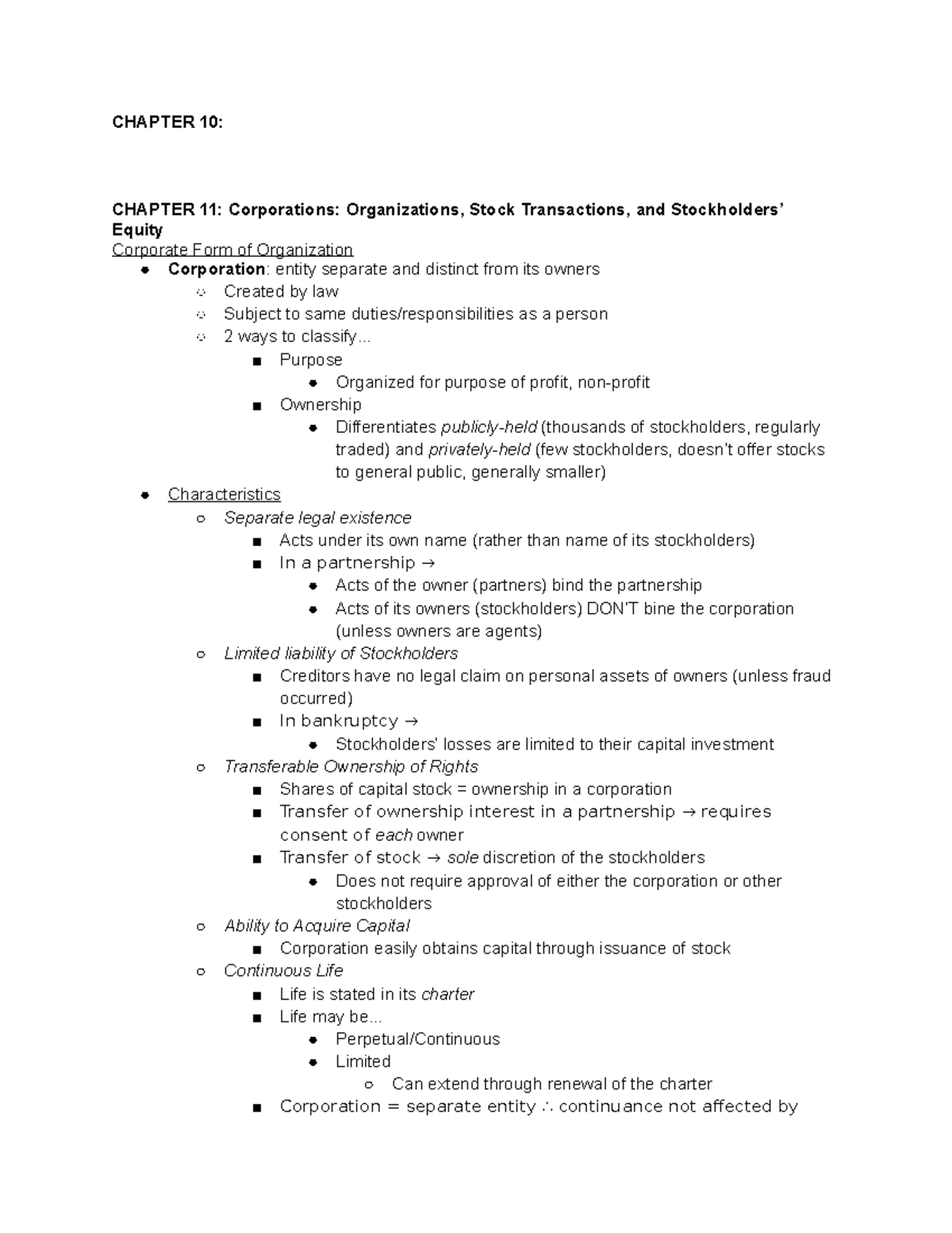 Comm 293 Textbook Notes Chapter 10 Chapter 11 Corporations
