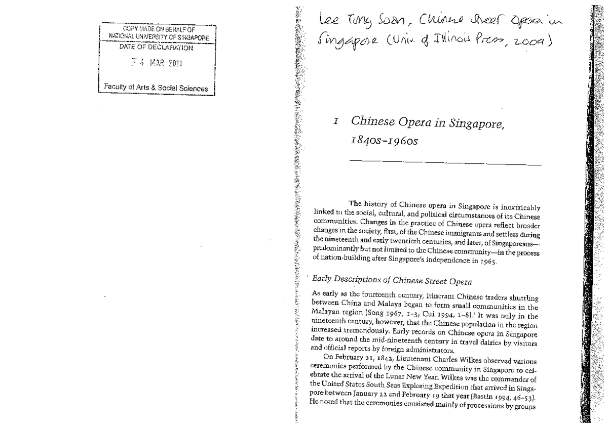 Lee, Tong Soon (2009 ) Chinese Opera in Singapore, 1840s-1960 - GES1012 ...