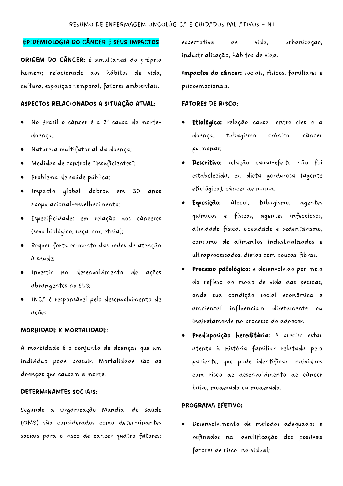 Resumo DE Enfermagem Oncológica E Cuidados Palativos – N1 ...