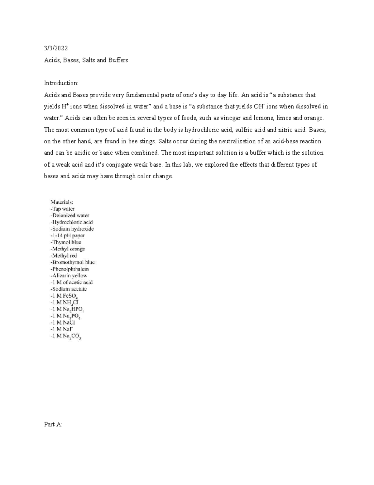 Lab 14 the lab 3/3/ Acids, Bases, Salts and Buffers Introduction
